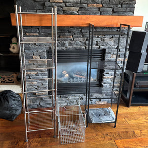 C828 3 piece Metal Shelving (silver shelf with drawers and black metal shelf)