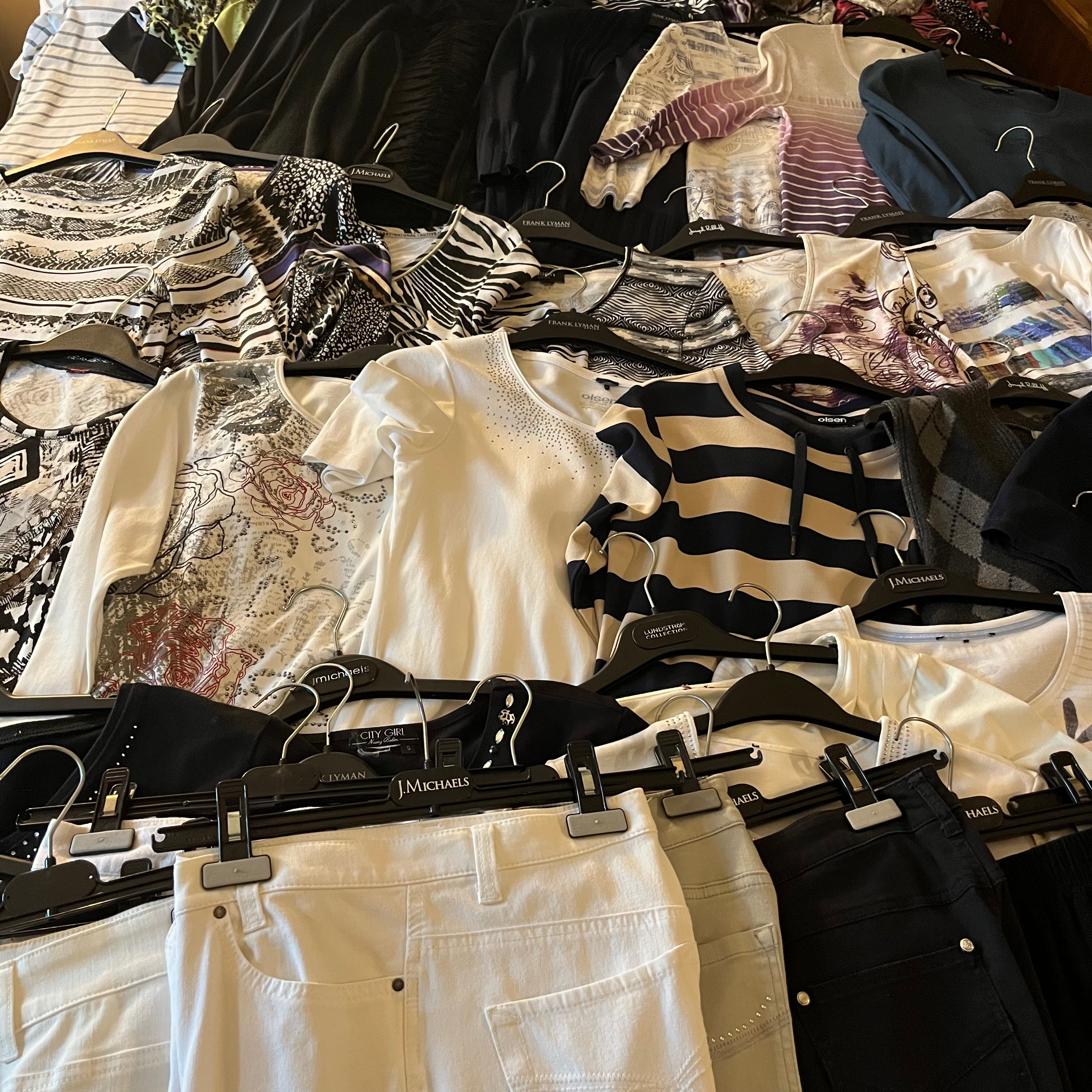 E529 Womens Clothing grouping (tops and bottoms, Picoune, Bella+Canvas and more)
