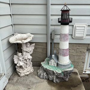 W599 Resin Bird bath and Lighthouse outdoor statue (unsure if solar light works)
