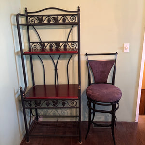 W618 Bakers rack and grey upholstered bar height chair