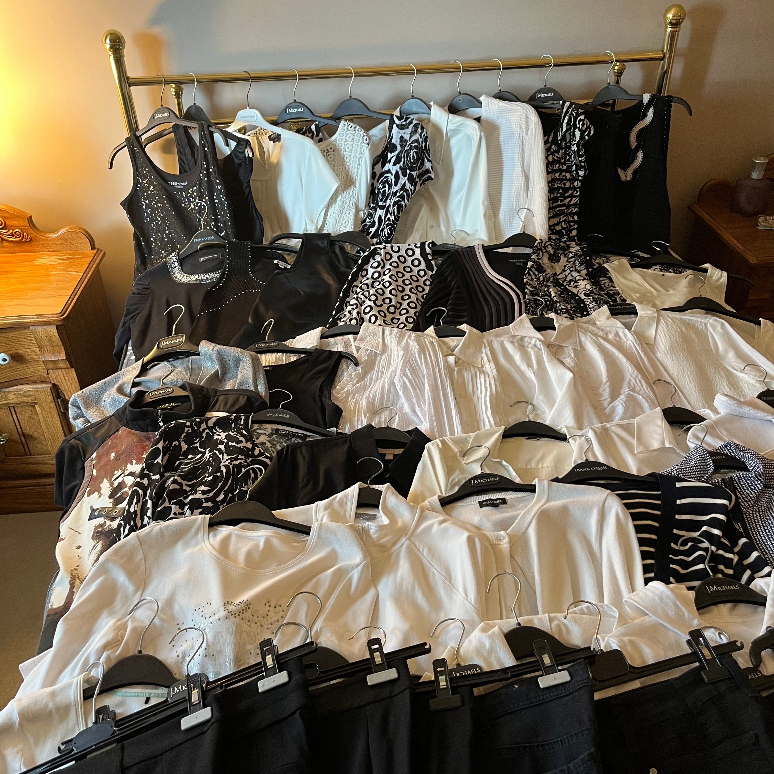 E535 Womens black and white clothing grouping (size small tops and bottoms, Alfred Sung and more)