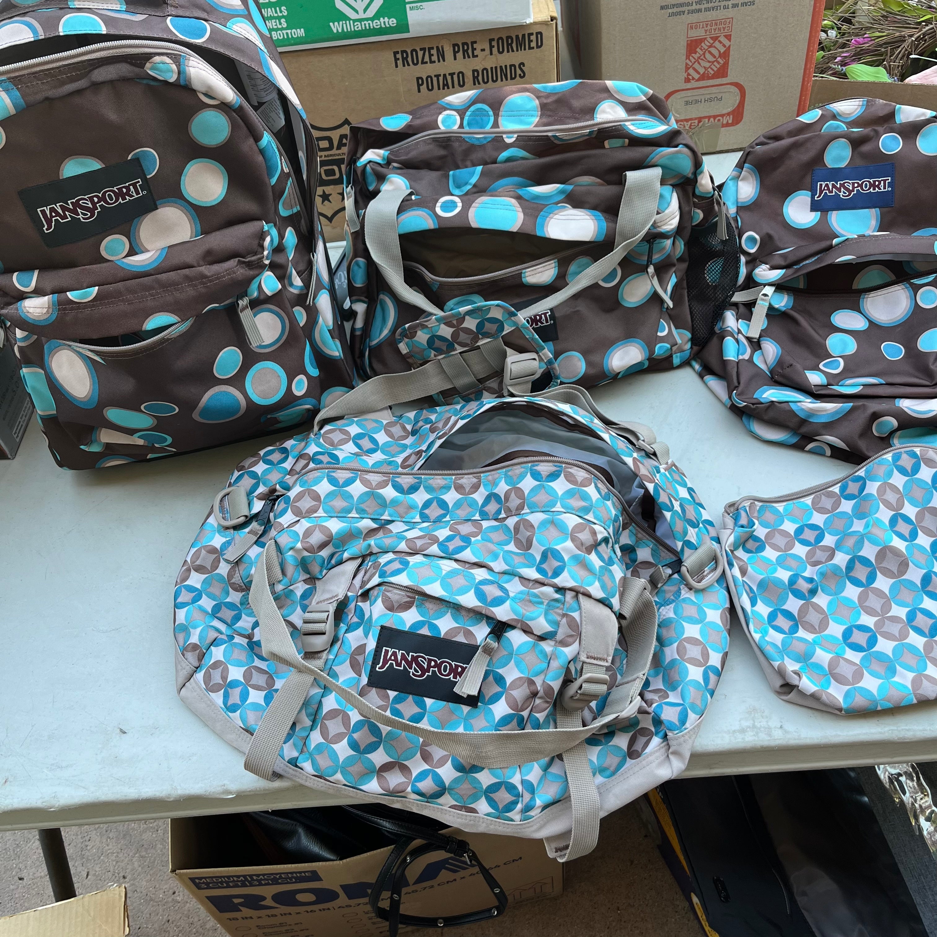 D605 Jansport Polka Dot  Bag Grouping (backpacks and duffel bags)