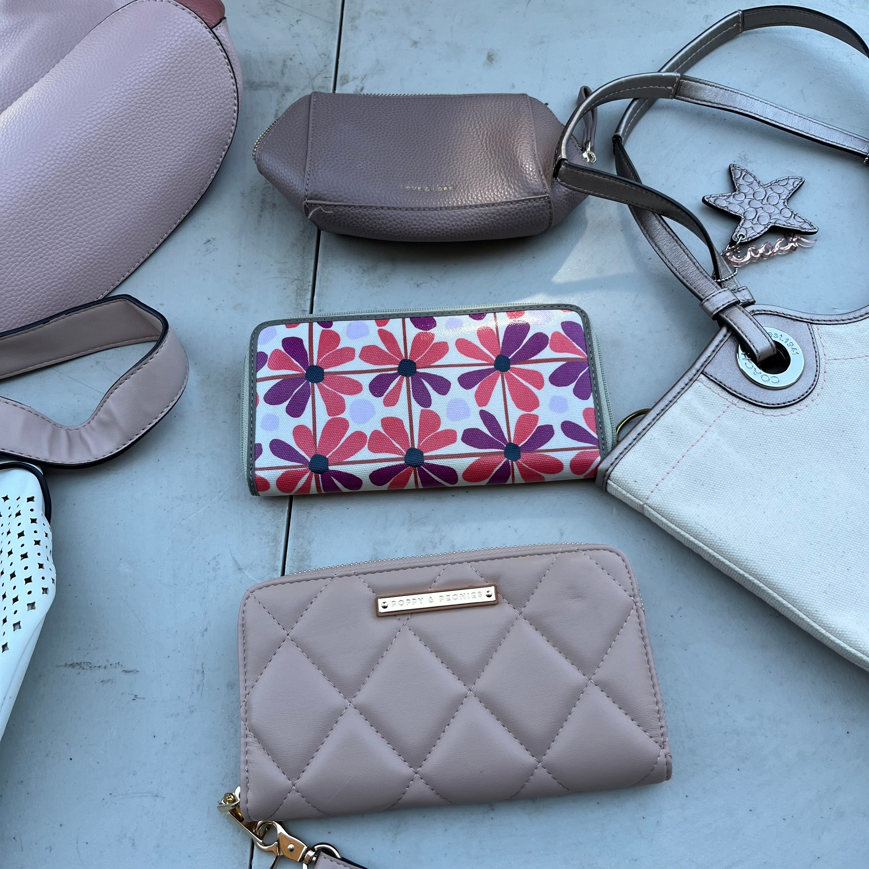 D609 Pink Purse and Wallet Grouping (Quince leather backpack, Poppies & Peonies, Coach and more)