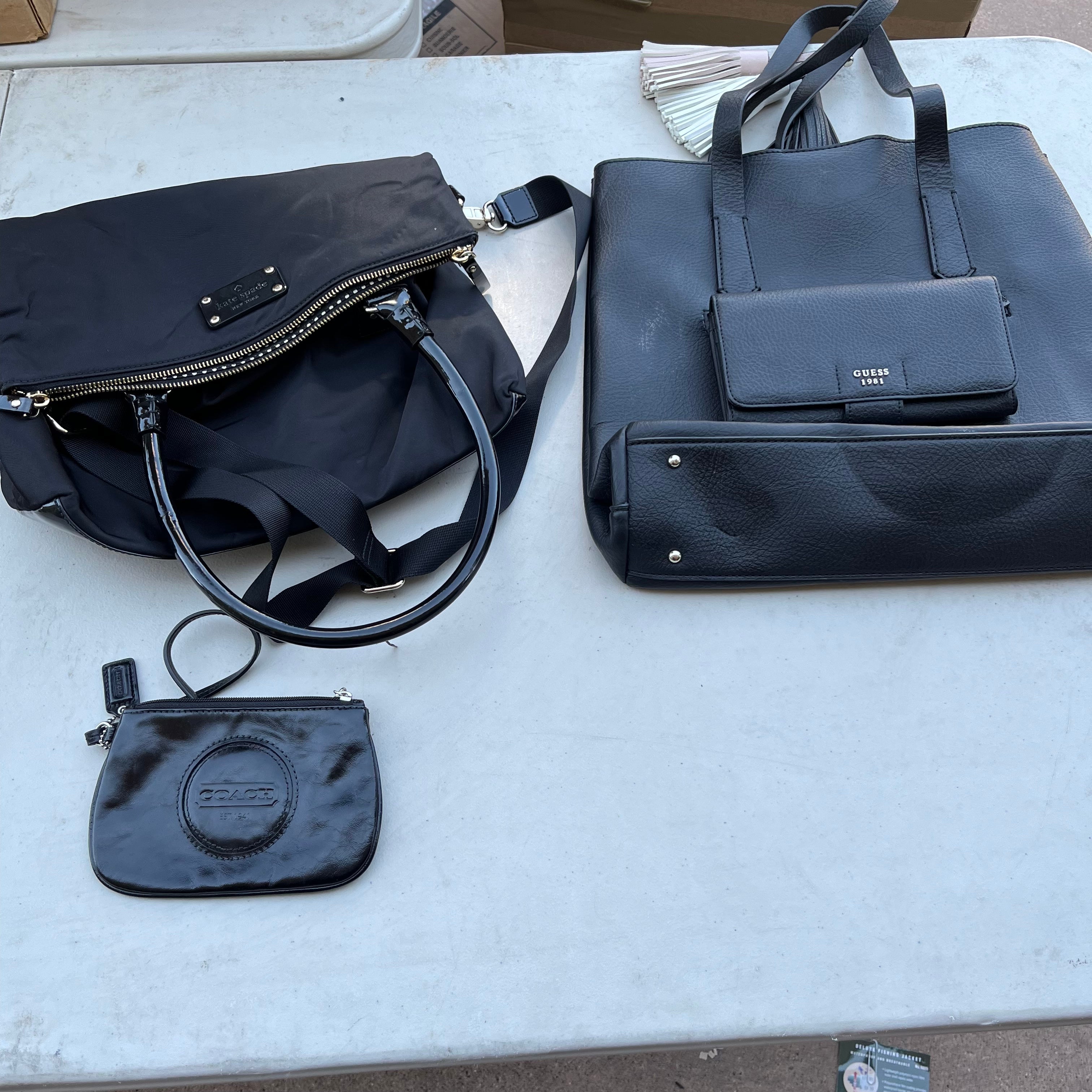 D615 Black wallet and purse grouping (Kate Spade and Guess, Guess purse has scuffing on leather)