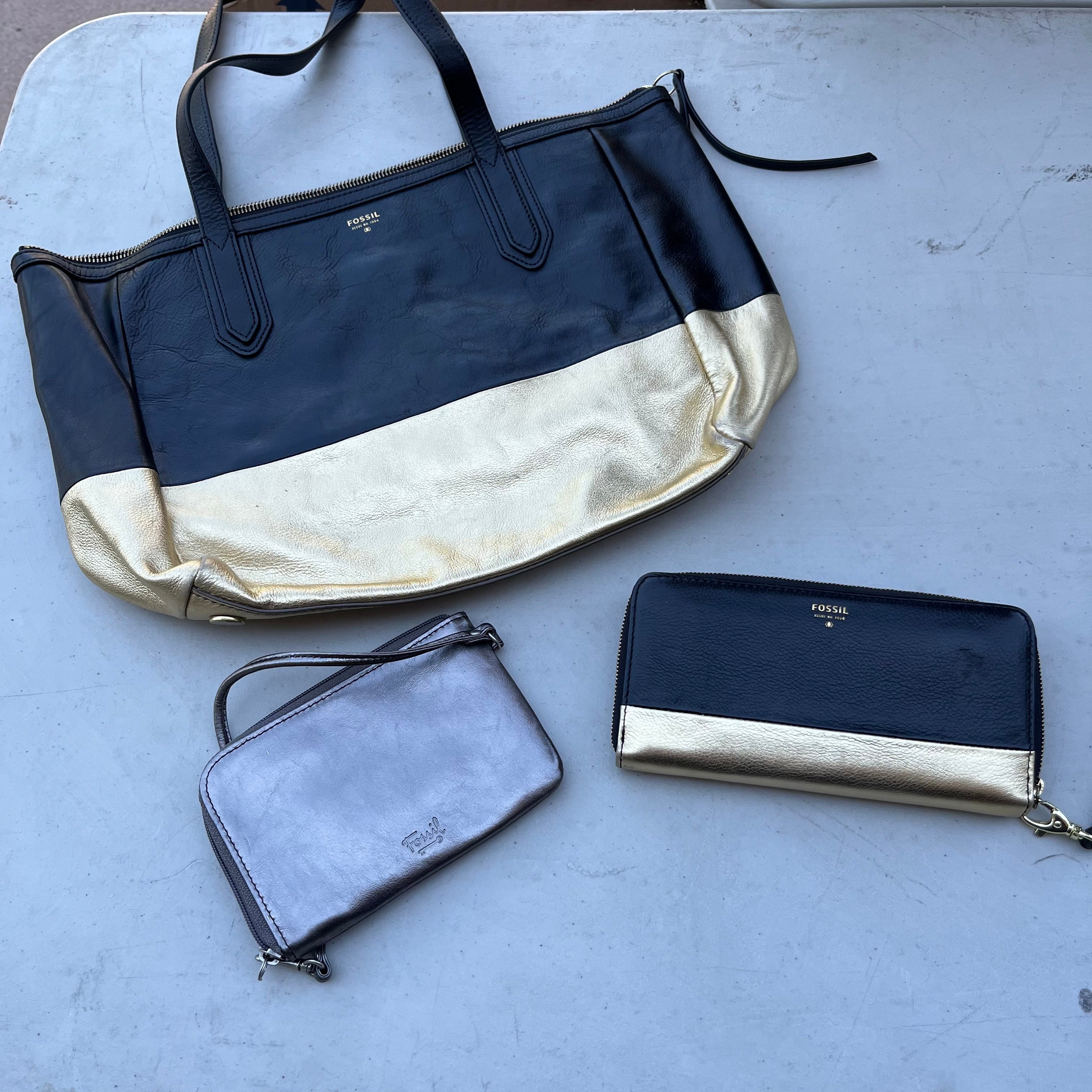 D617 Fossil Grouping (leather color block tote bag, zip around wallet and zip around pouch)