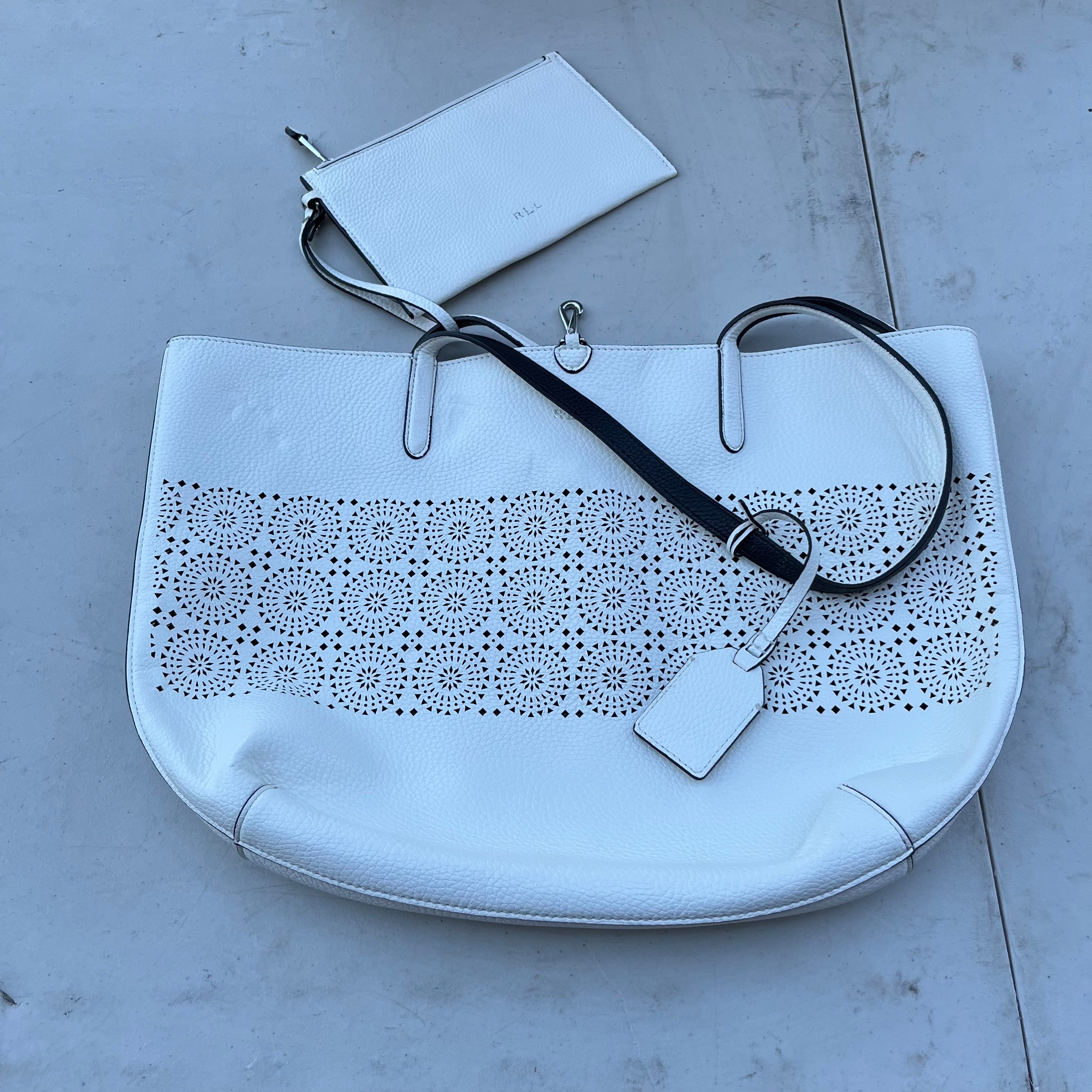 D626 Lauren Ralph Lauren white pebbled leather reversible tote bag with floral medallion cut out pattern and matching pouch