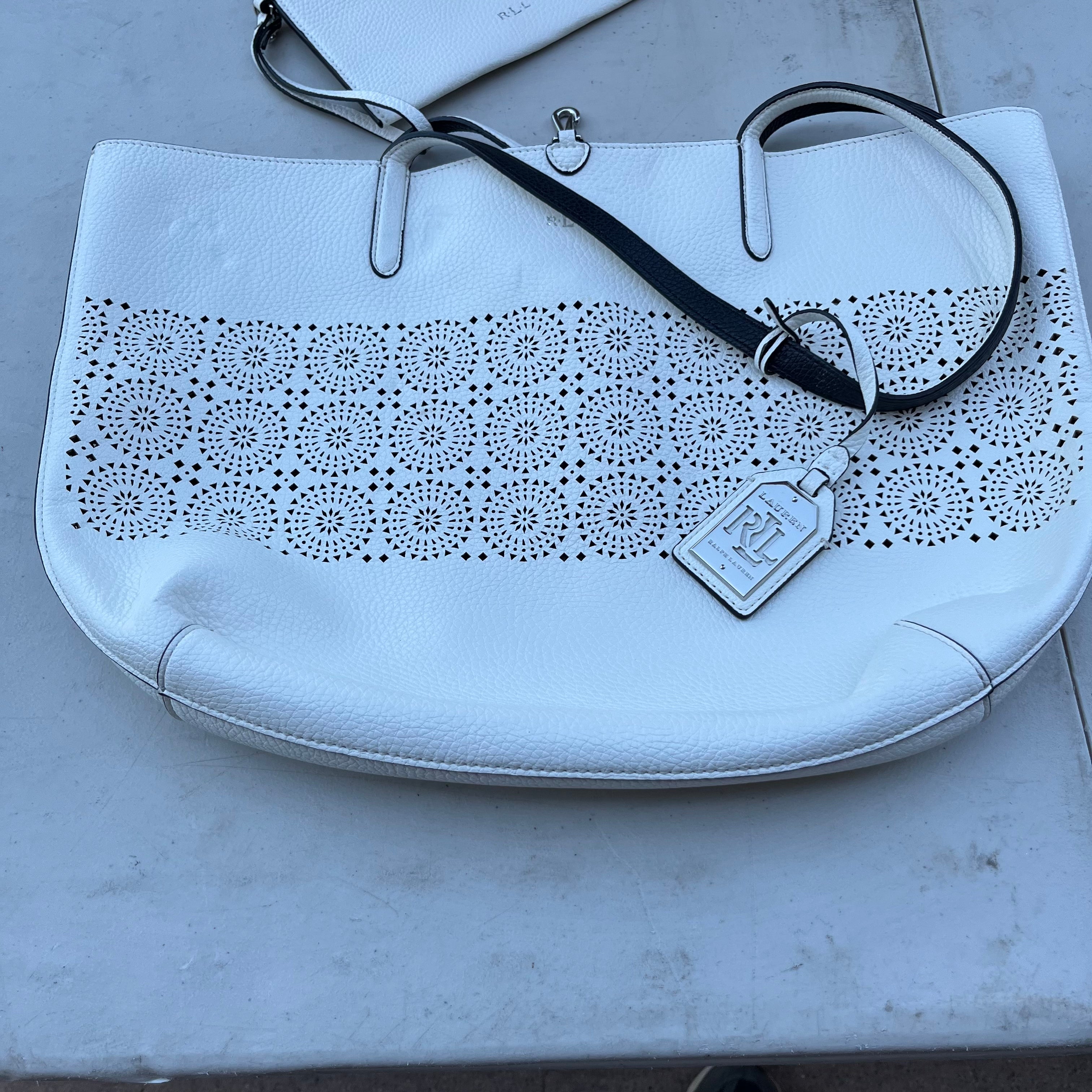 D626 Lauren Ralph Lauren white pebbled leather reversible tote bag with floral medallion cut out pattern and matching pouch