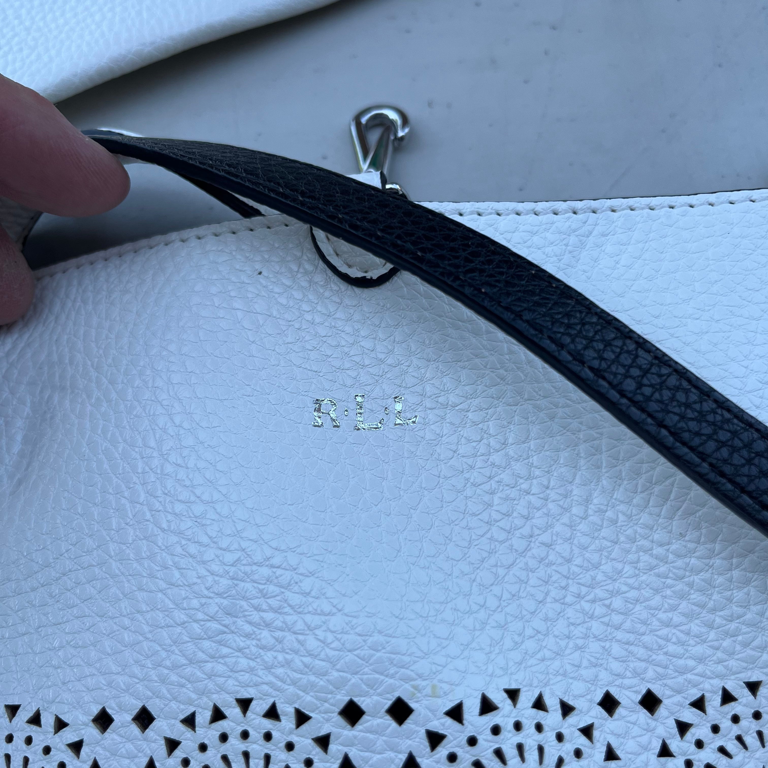 D626 Lauren Ralph Lauren white pebbled leather reversible tote bag with floral medallion cut out pattern and matching pouch