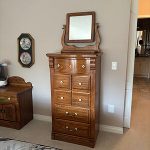 E705 Vintage Kaufman of Collingwood Made in Canada solid wood high boy dresser with mirror (50”x 27” x 16")