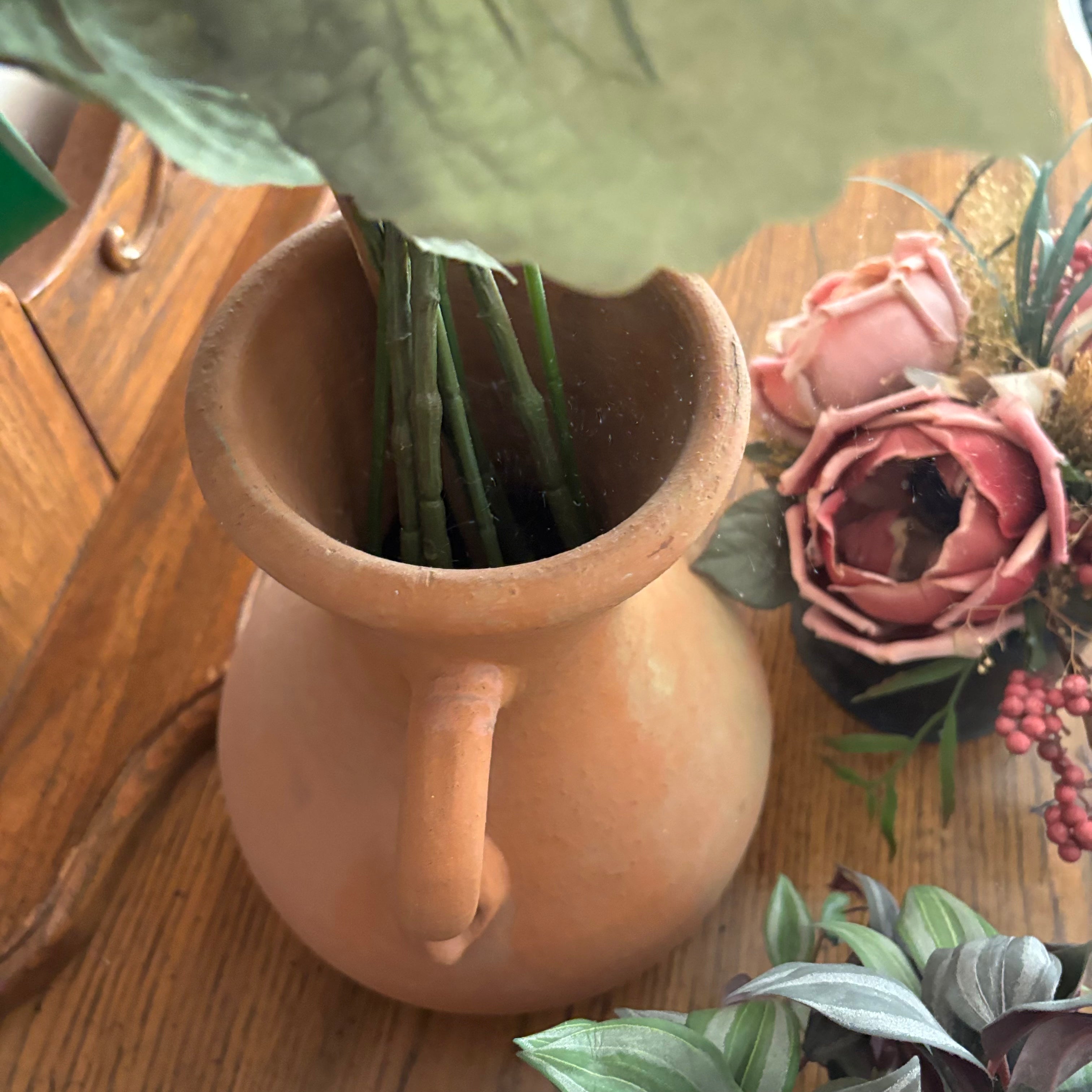 E711 Terracotta pitcher with faux flowers (16" high") and more
