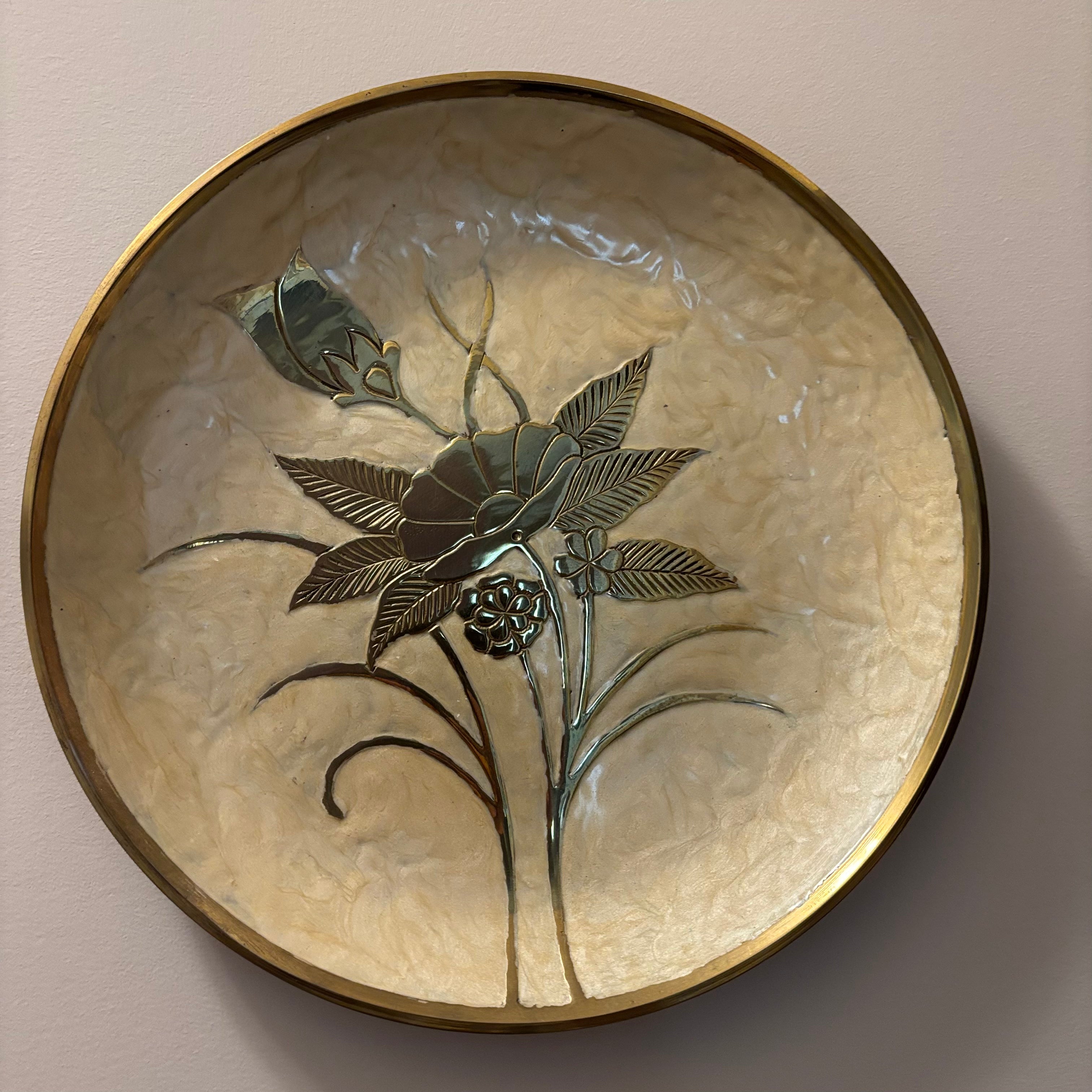 E721 Set of 2 vintage decorative brass floral plates