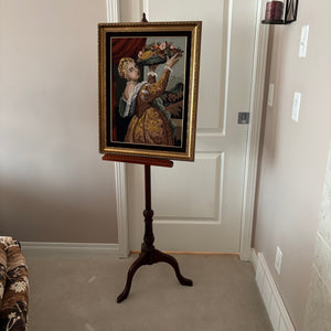 E738 Vintage framed needlepoint of "Lavinia" with wooden stand (26" x 50")