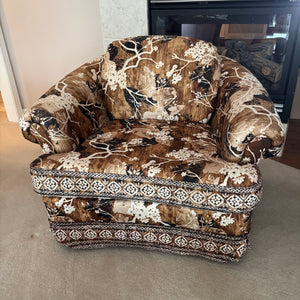 E739 Vintage upholstered brown and beige floral  armchair