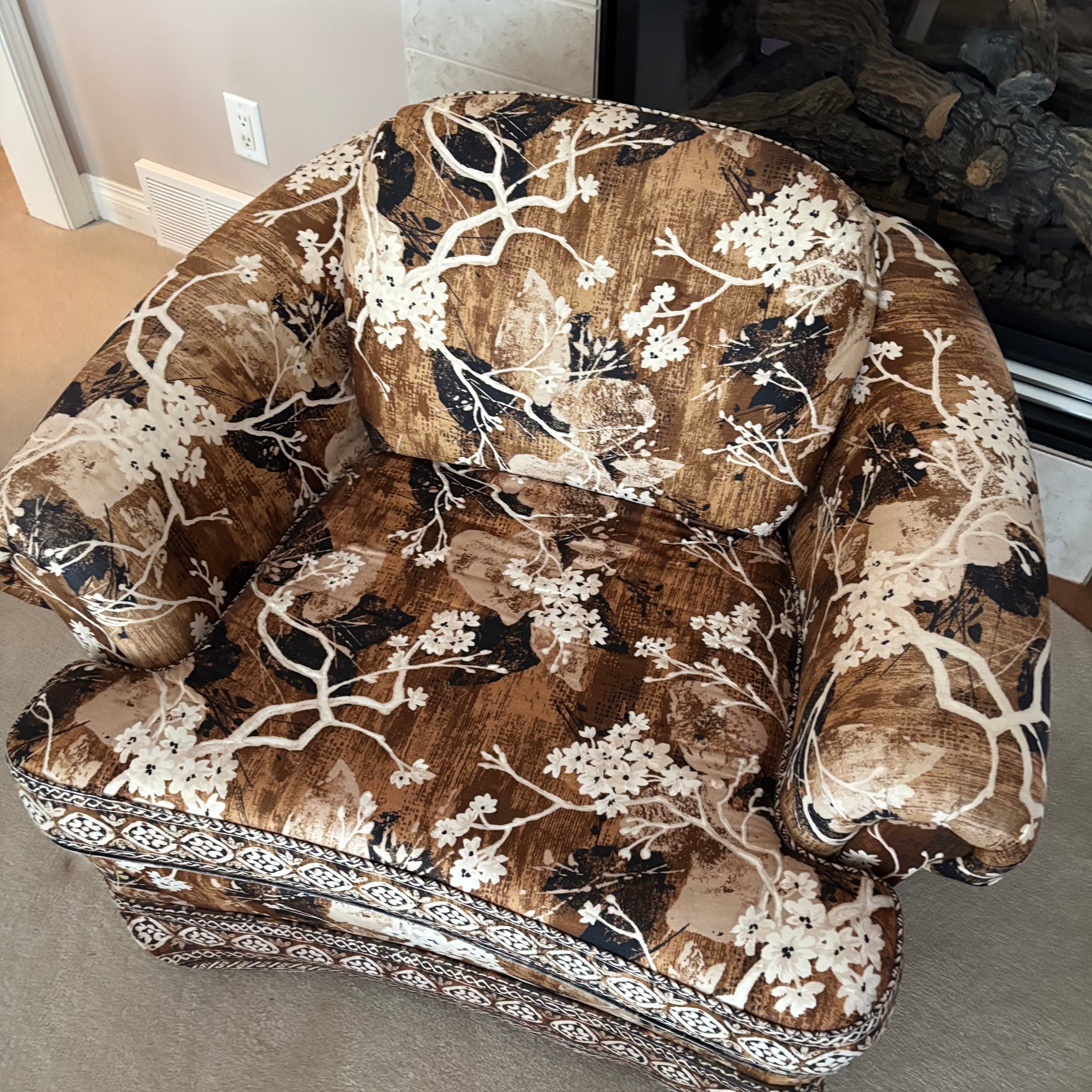 E739 Vintage upholstered brown and beige floral  armchair