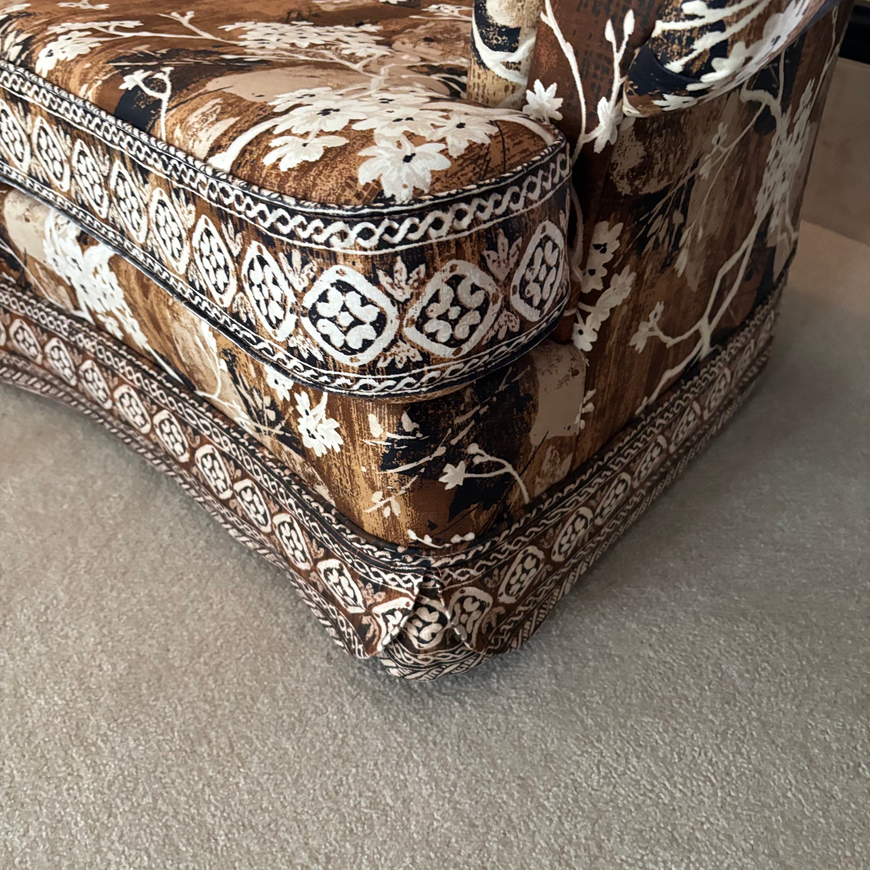 E739 Vintage upholstered brown and beige floral  armchair