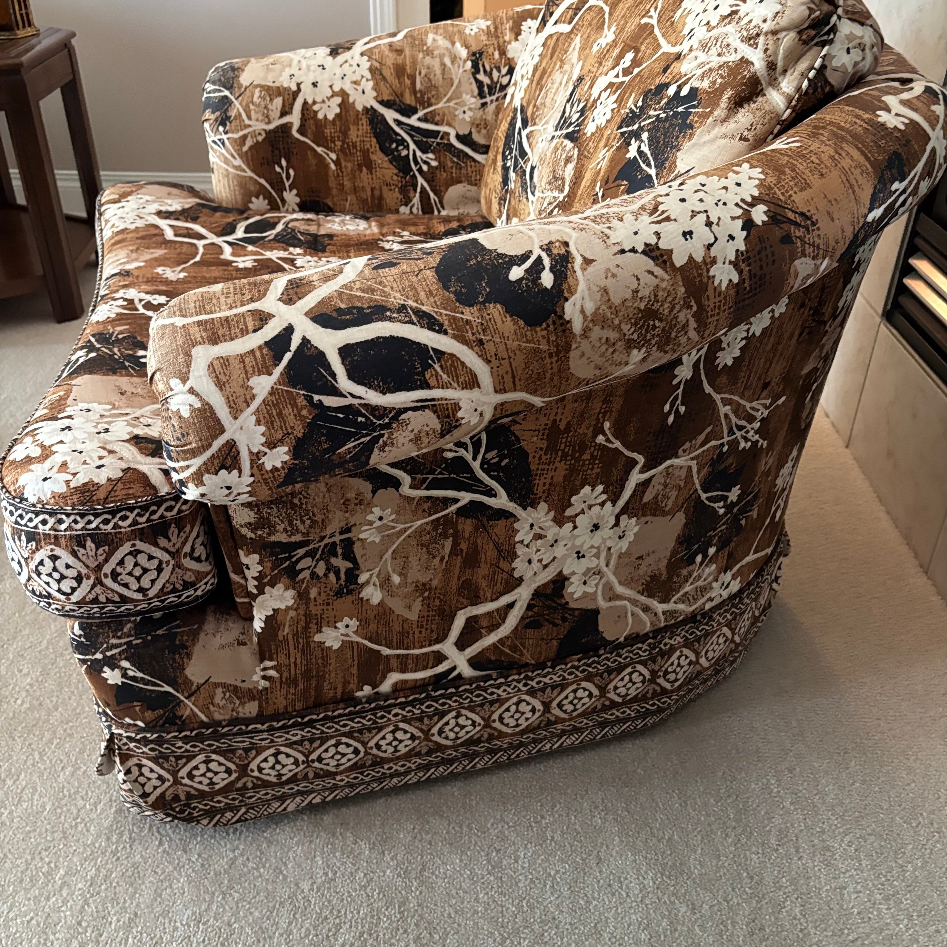 E739 Vintage upholstered brown and beige floral  armchair