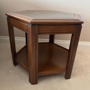 E741 Vintage hexagonal wood and glass inset end table with lower open shelf and brass strip trim