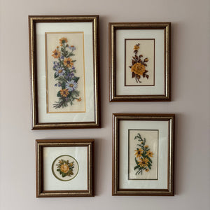 E743 Set of 4 vintage framed floral needlepoints