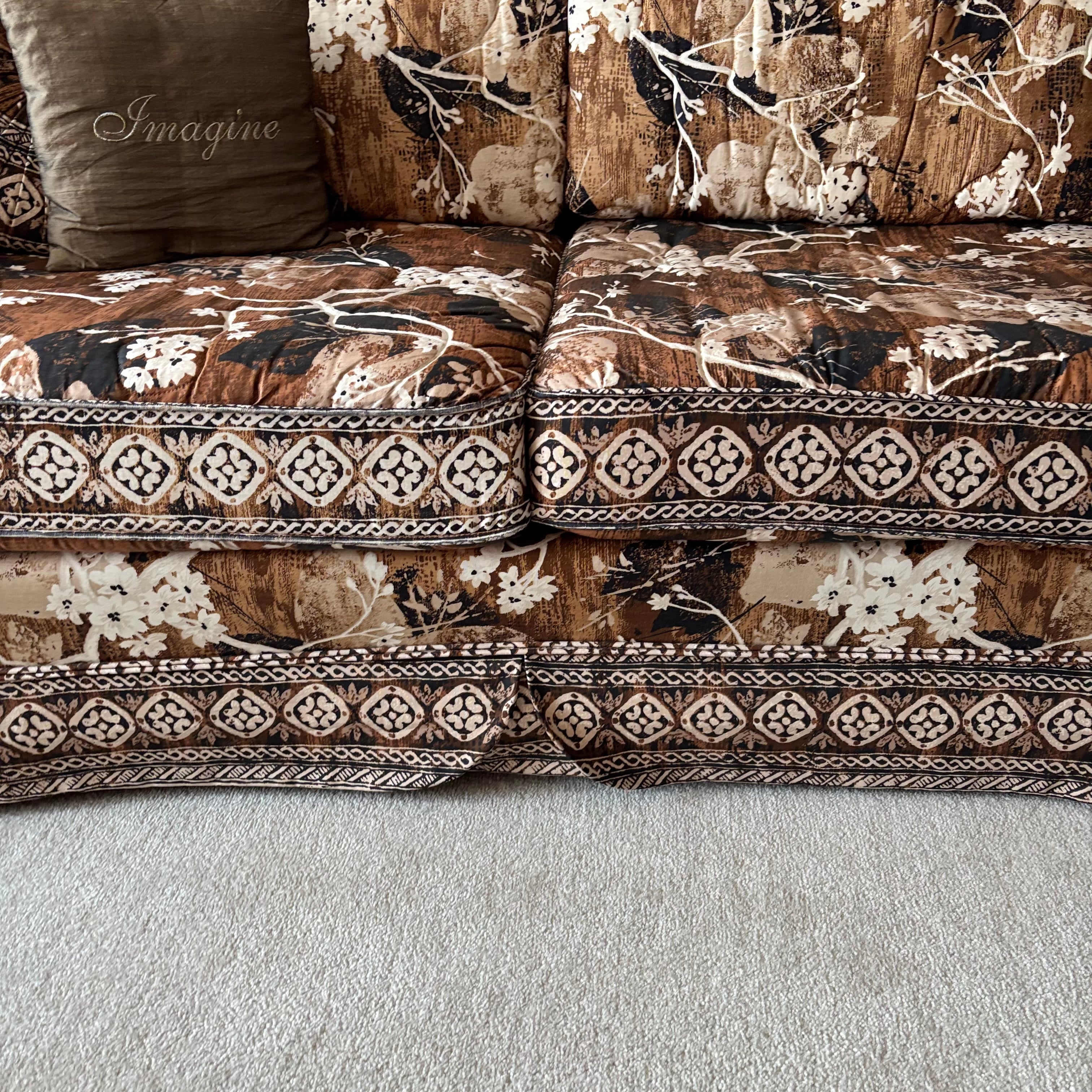 E744 Vintage upholstered brown and beige floral sofa