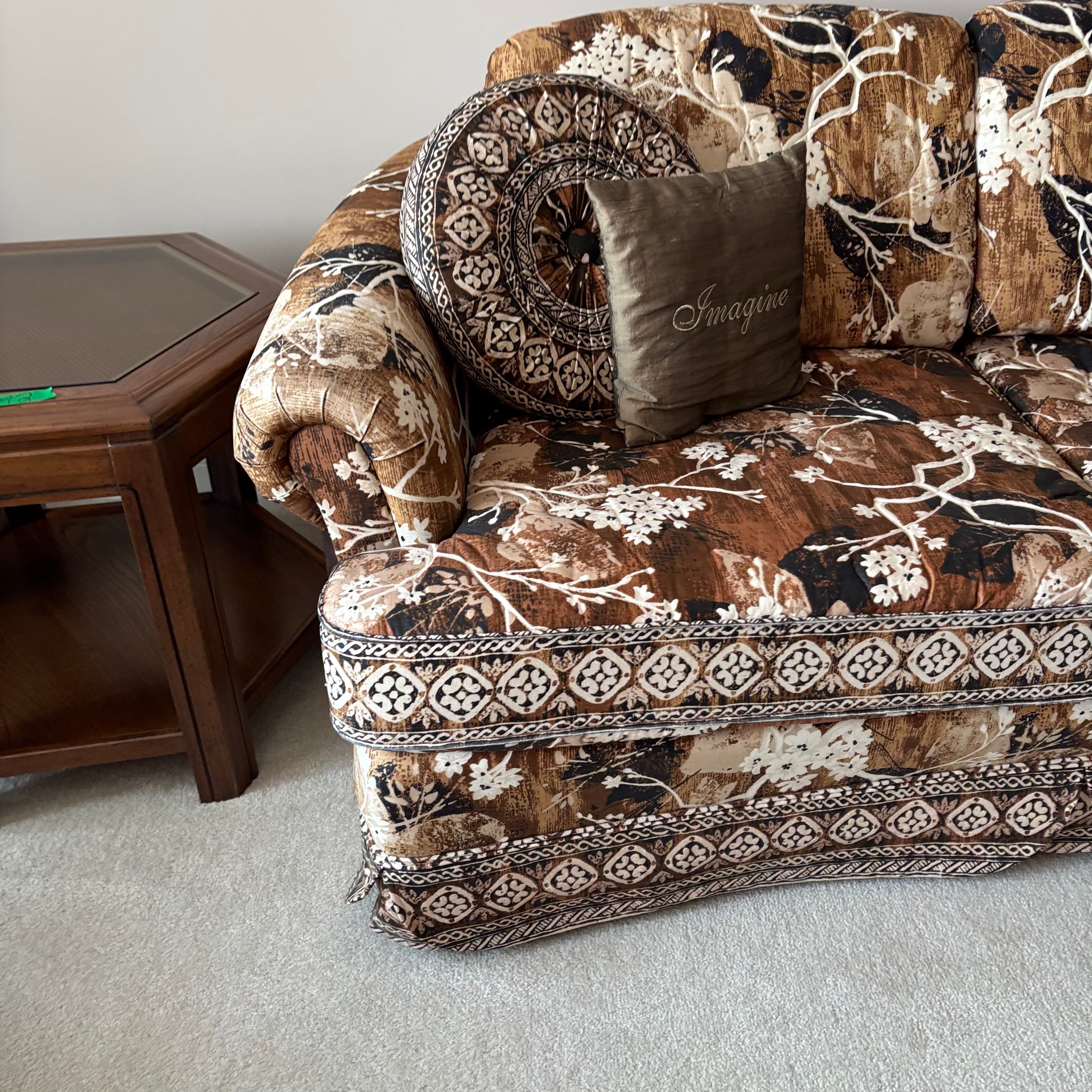 E744 Vintage upholstered brown and beige floral sofa