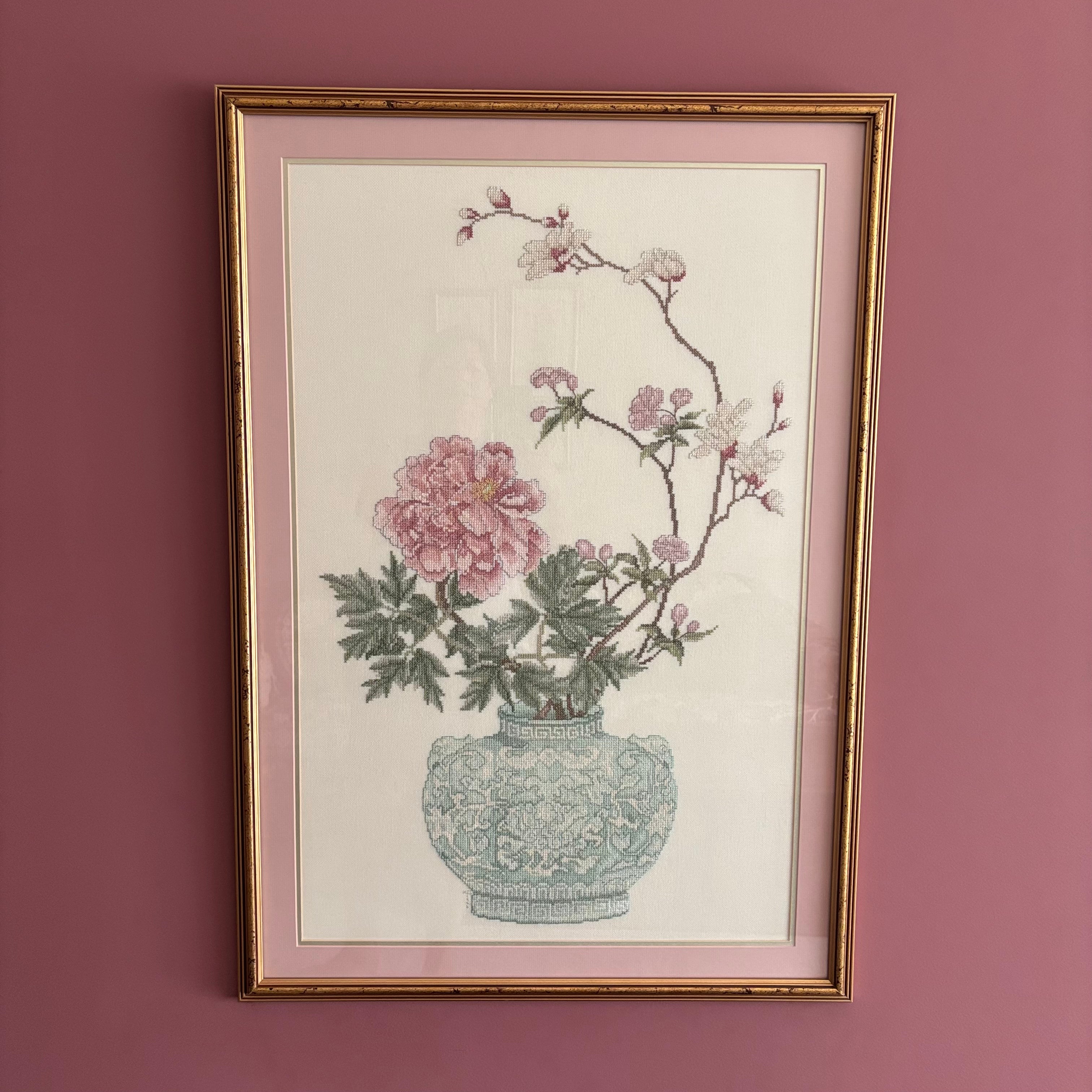 E746 Peony and cherry blossom framed needlepoint (22" x 34")