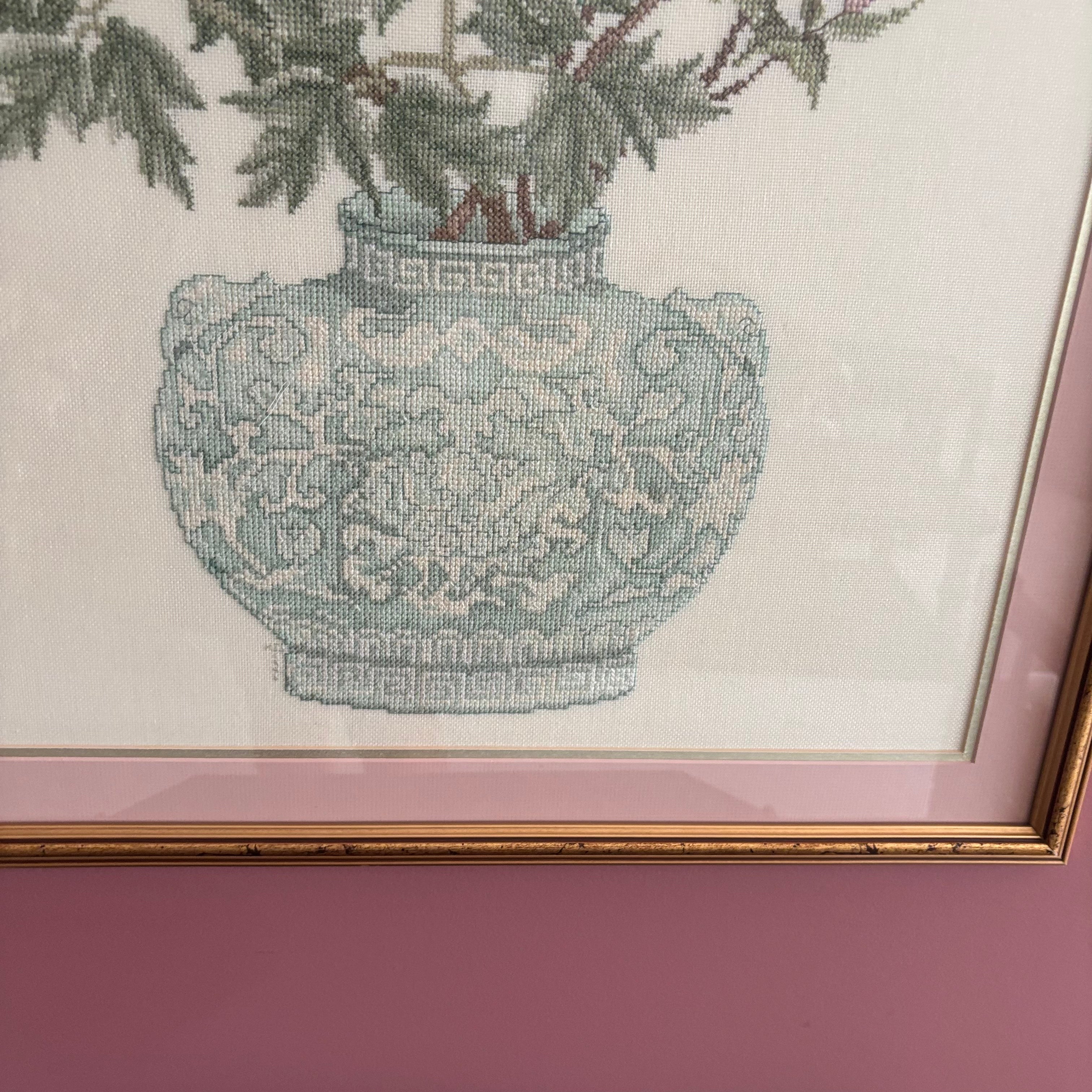 E746 Peony and cherry blossom framed needlepoint (22" x 34")
