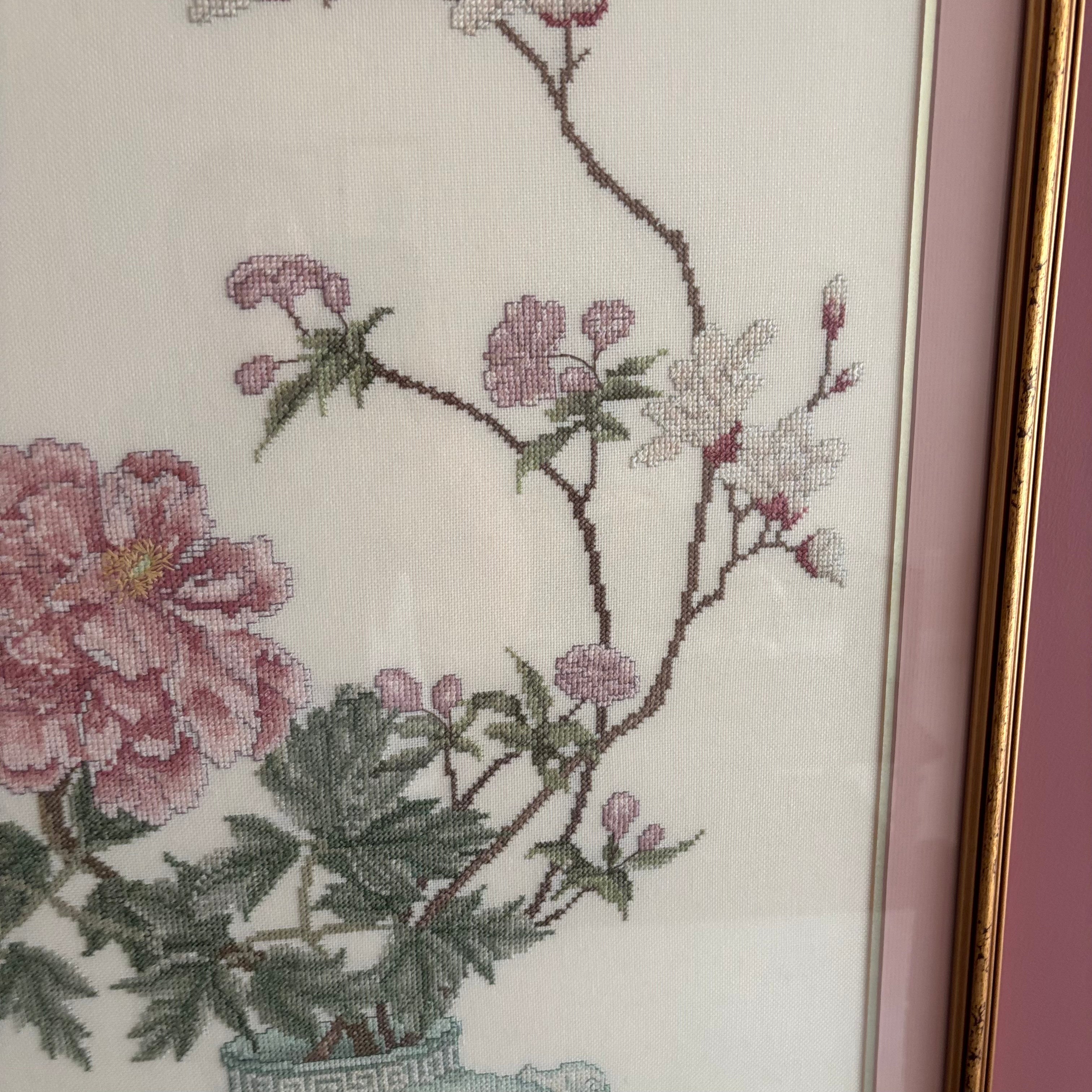 E746 Peony and cherry blossom framed needlepoint (22" x 34")
