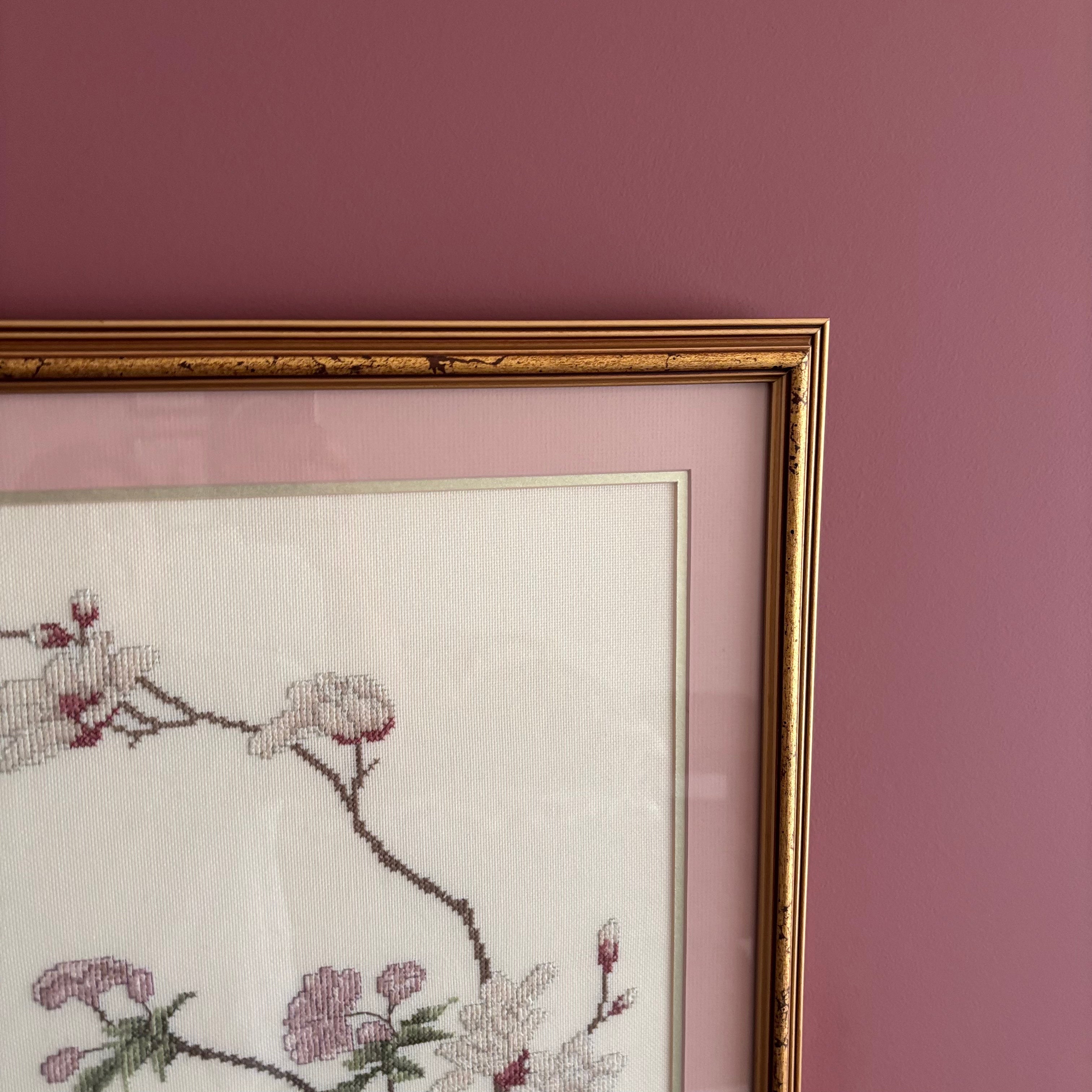 E746 Peony and cherry blossom framed needlepoint (22" x 34")