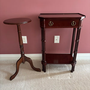 E747 Vintage wooden Bombay Co. plant stand and occasional table with drawer