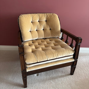 E748 Vintage MCM wooden armchair with deep button tufted gold velvet upholestry