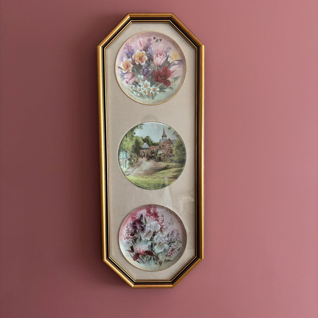 E750 Vintage Staffordshire Fine Ceramics wall plaque with floral and landscape motifs