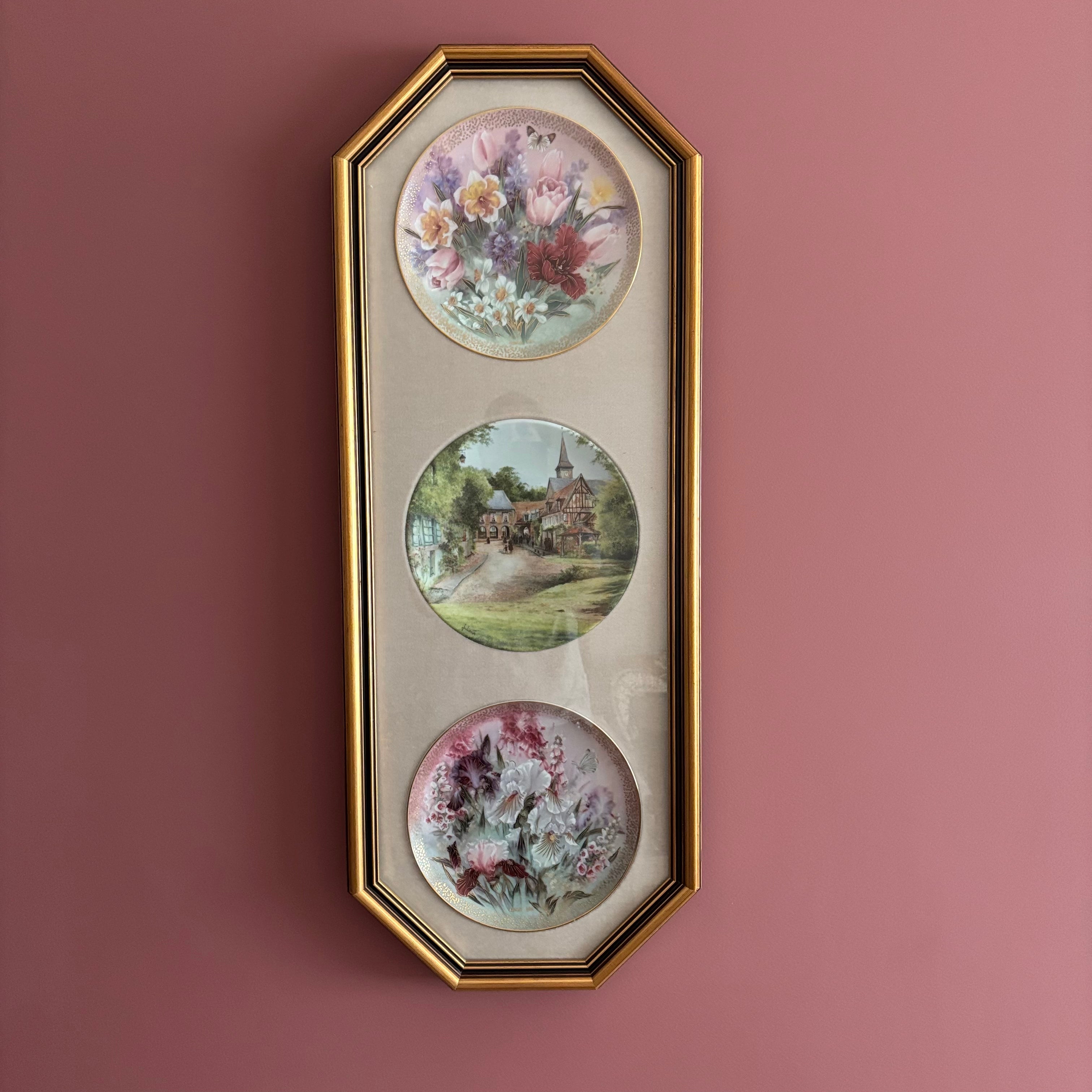 E750 Vintage Staffordshire Fine Ceramics wall plaque with floral and landscape motifs