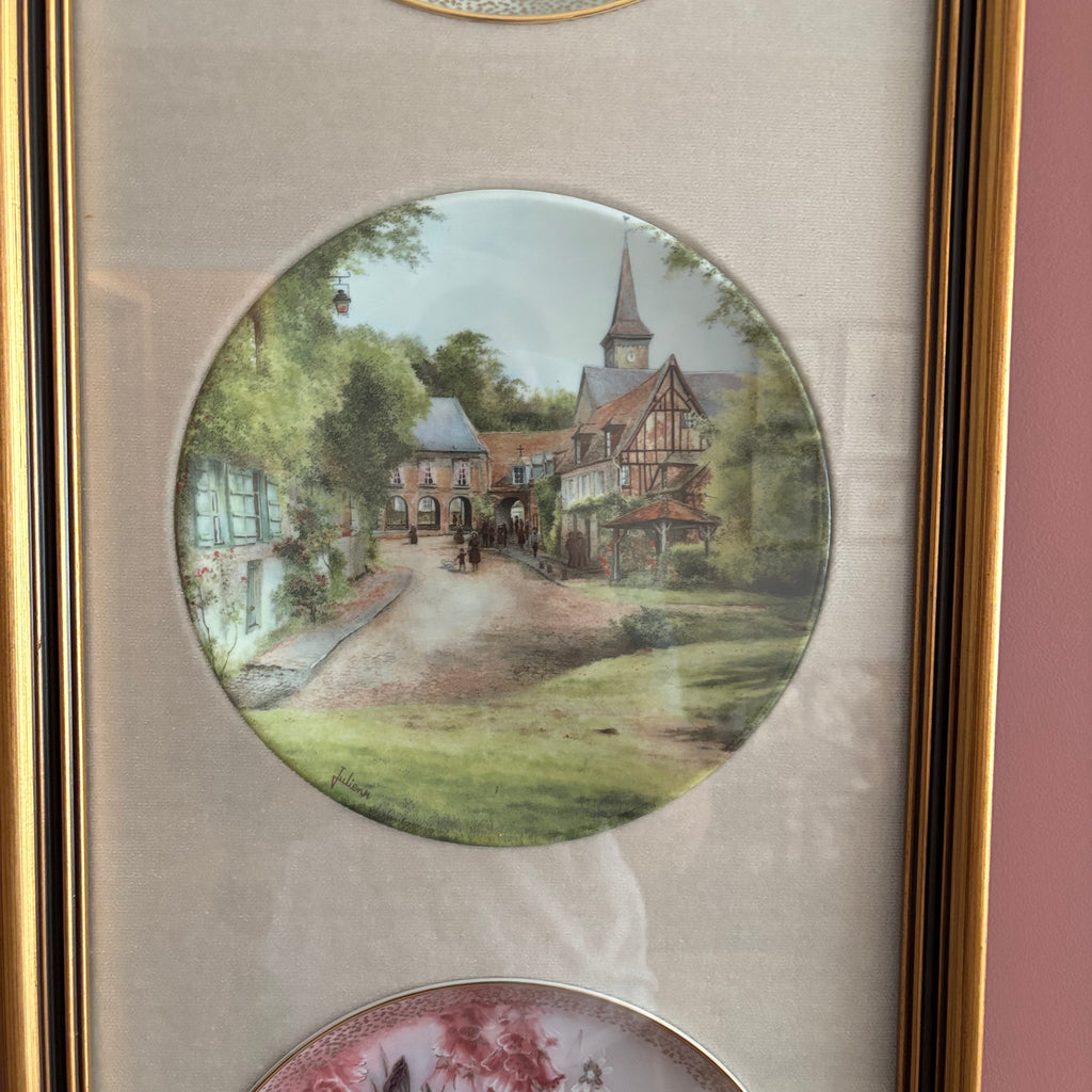E750 Vintage Staffordshire Fine Ceramics wall plaque with floral and landscape motifs