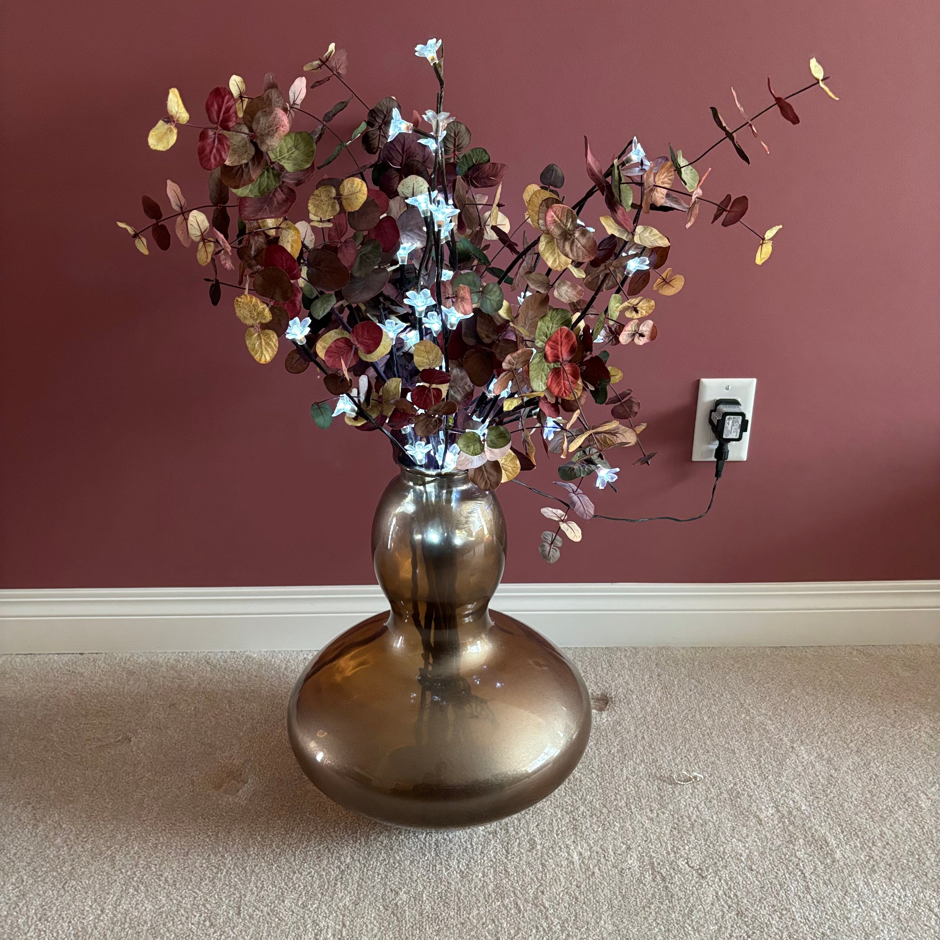 E756 Home Decor (autumn leaf arrangement in brass tone glass vase)