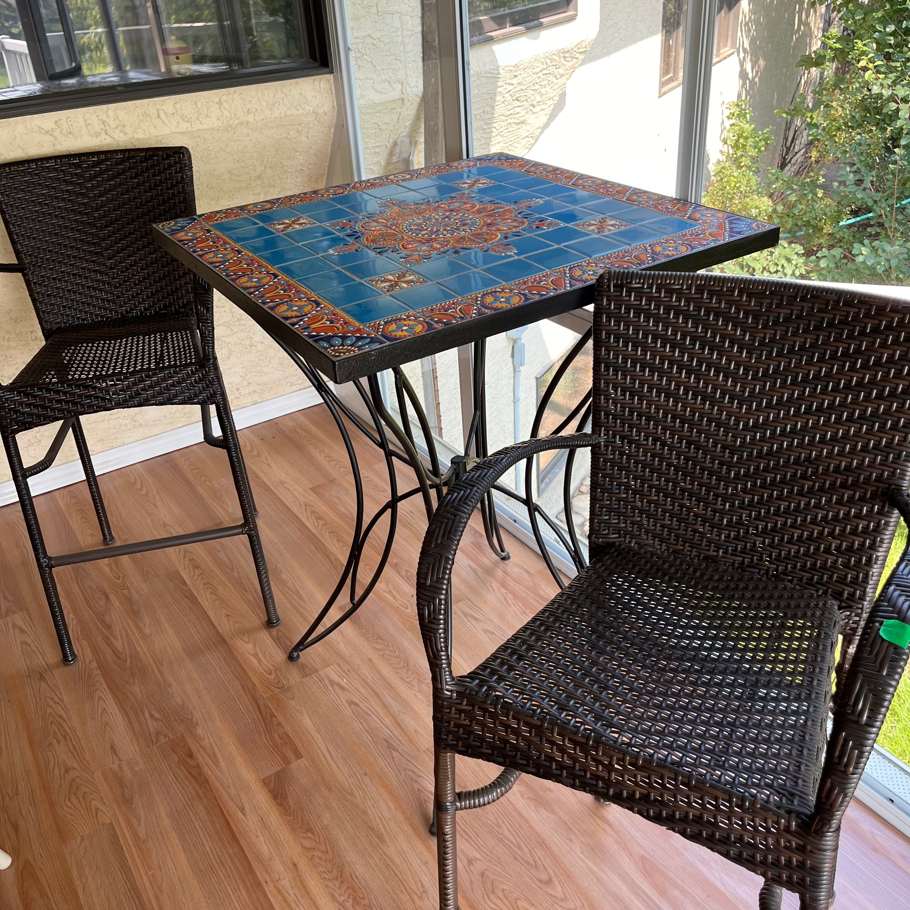 F501 Vintage patio set (tiled metal bar table with modern wicker stools)