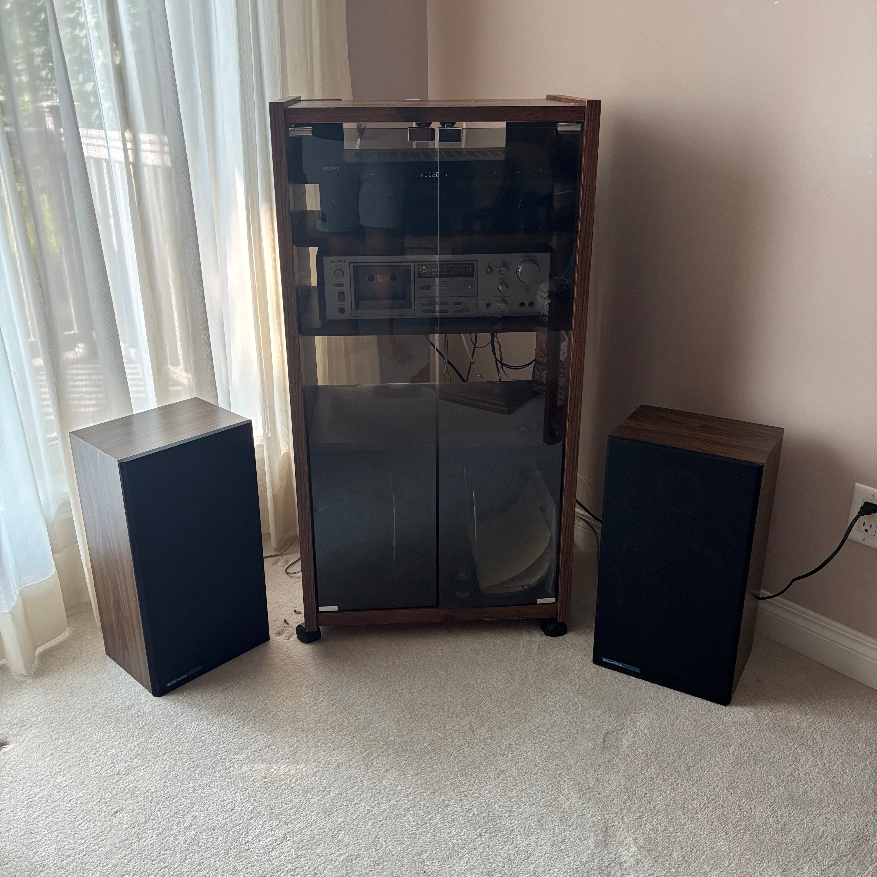 E758 Vintage Electronics Grouping (Kenwood speakers, Sony cassette player and more, cabinet included)