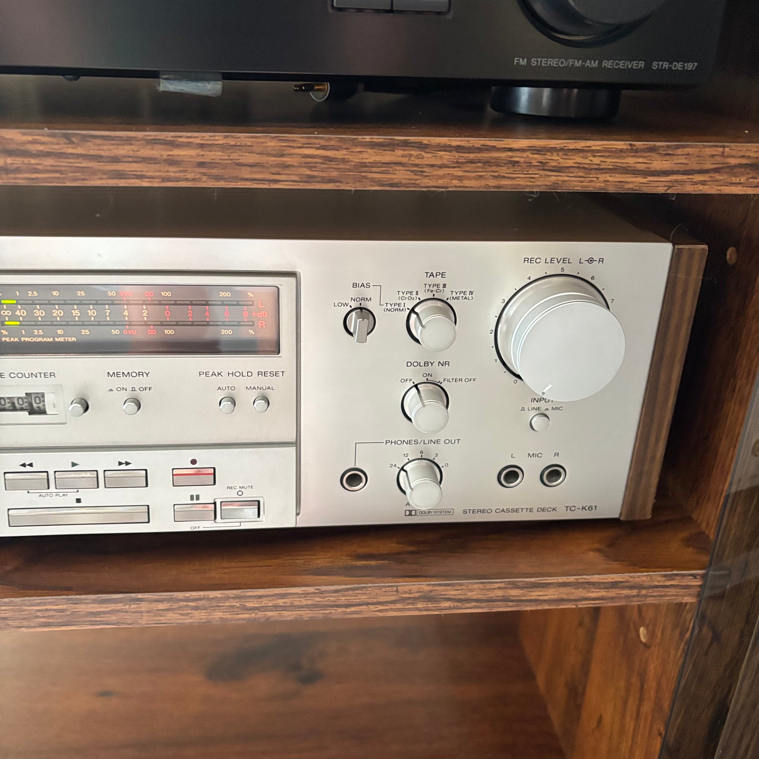 E758 Vintage Electronics Grouping (Kenwood speakers, Sony cassette player and more, cabinet included)