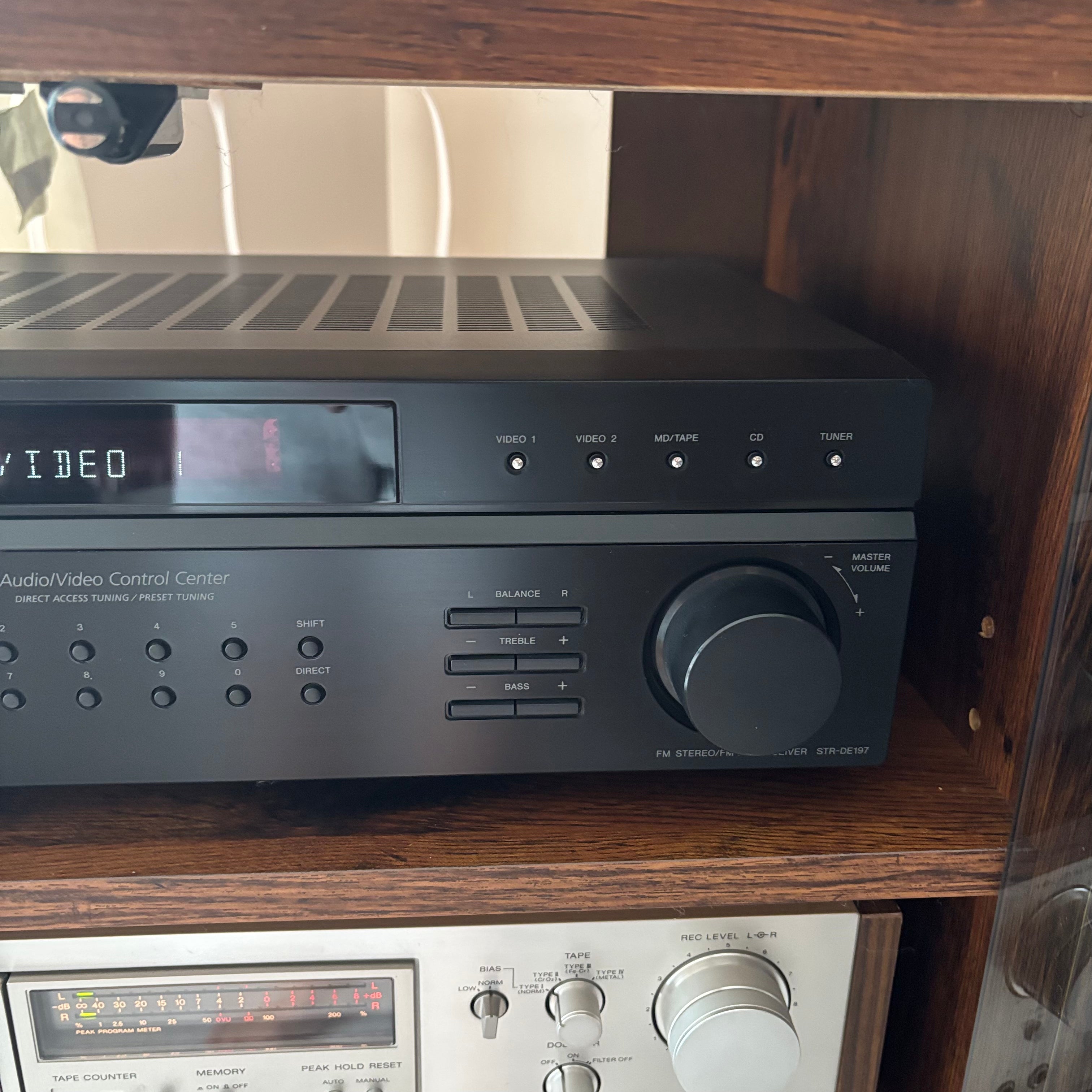 E758 Vintage Electronics Grouping (Kenwood speakers, Sony cassette player and more, cabinet included)