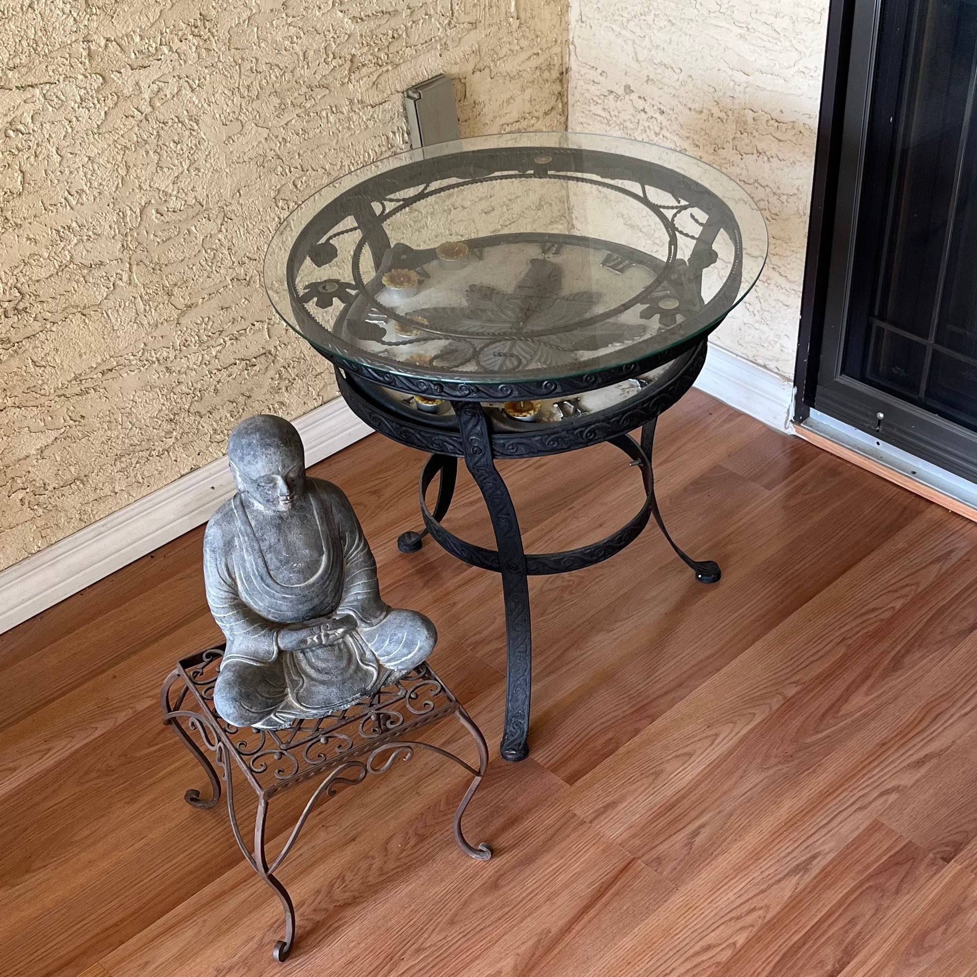 F502 Home Decor Grouping (metal end table with clock(not working) and stone Buddha with metal stand)