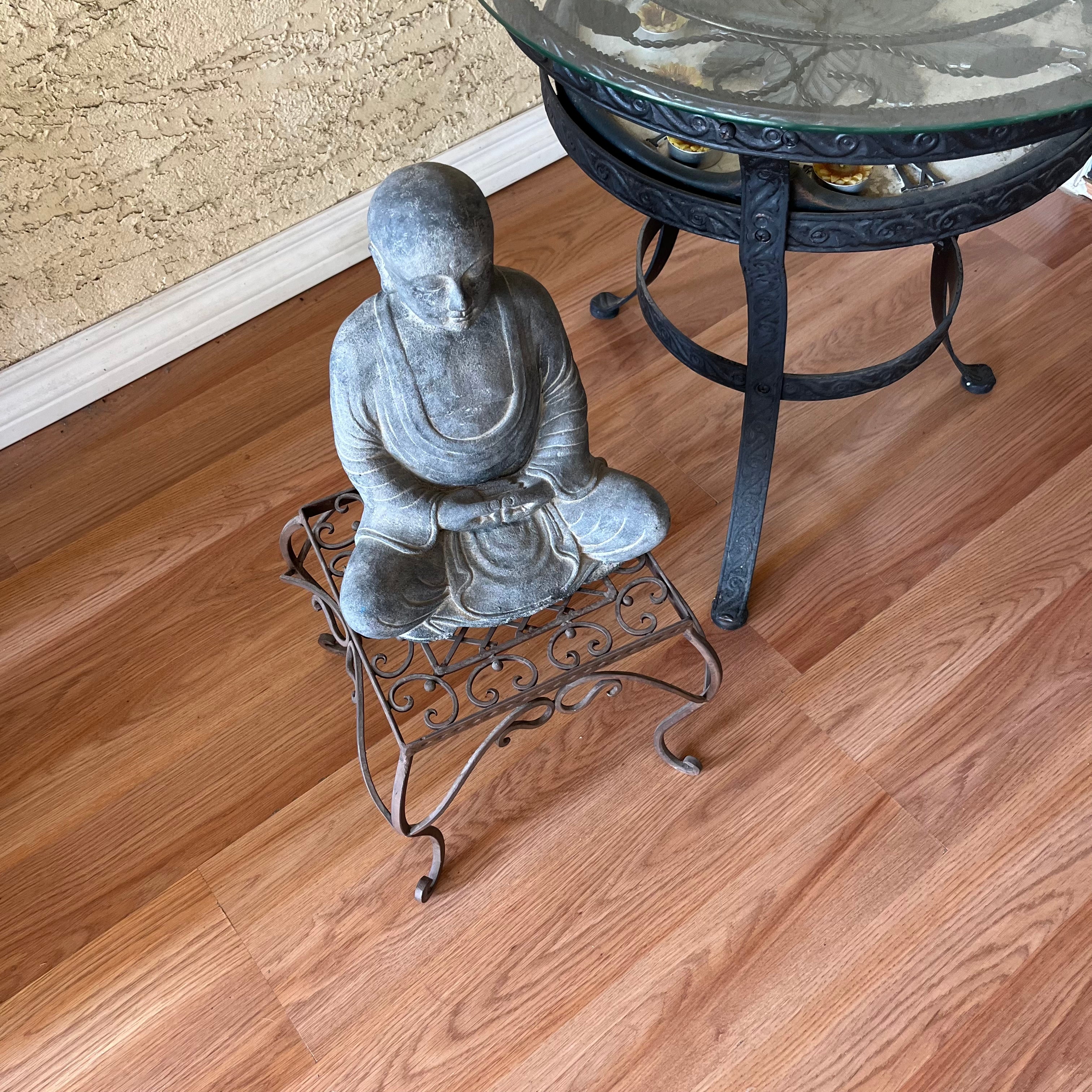 F502 Home Decor Grouping (metal end table with clock(not working) and stone Buddha with metal stand)