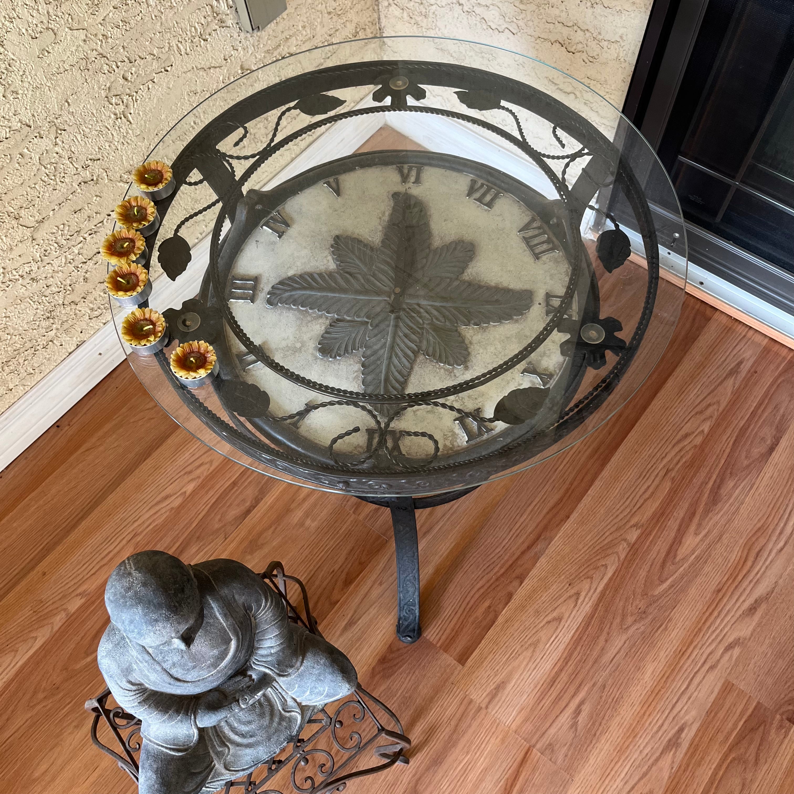 F502 Home Decor Grouping (metal end table with clock(not working) and stone Buddha with metal stand)
