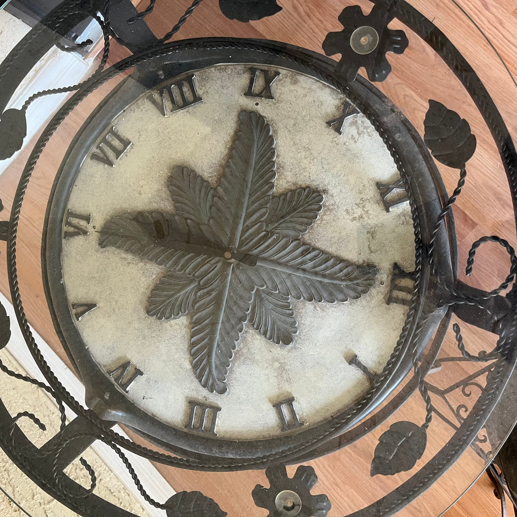 F502 Home Decor Grouping (metal end table with clock(not working) and stone Buddha with metal stand)