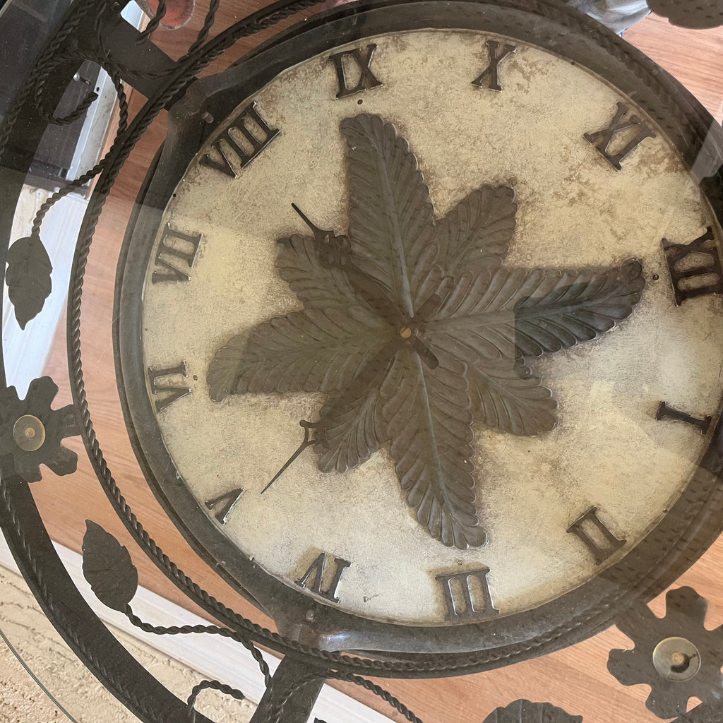 F502 Home Decor Grouping (metal end table with clock(not working) and stone Buddha with metal stand)