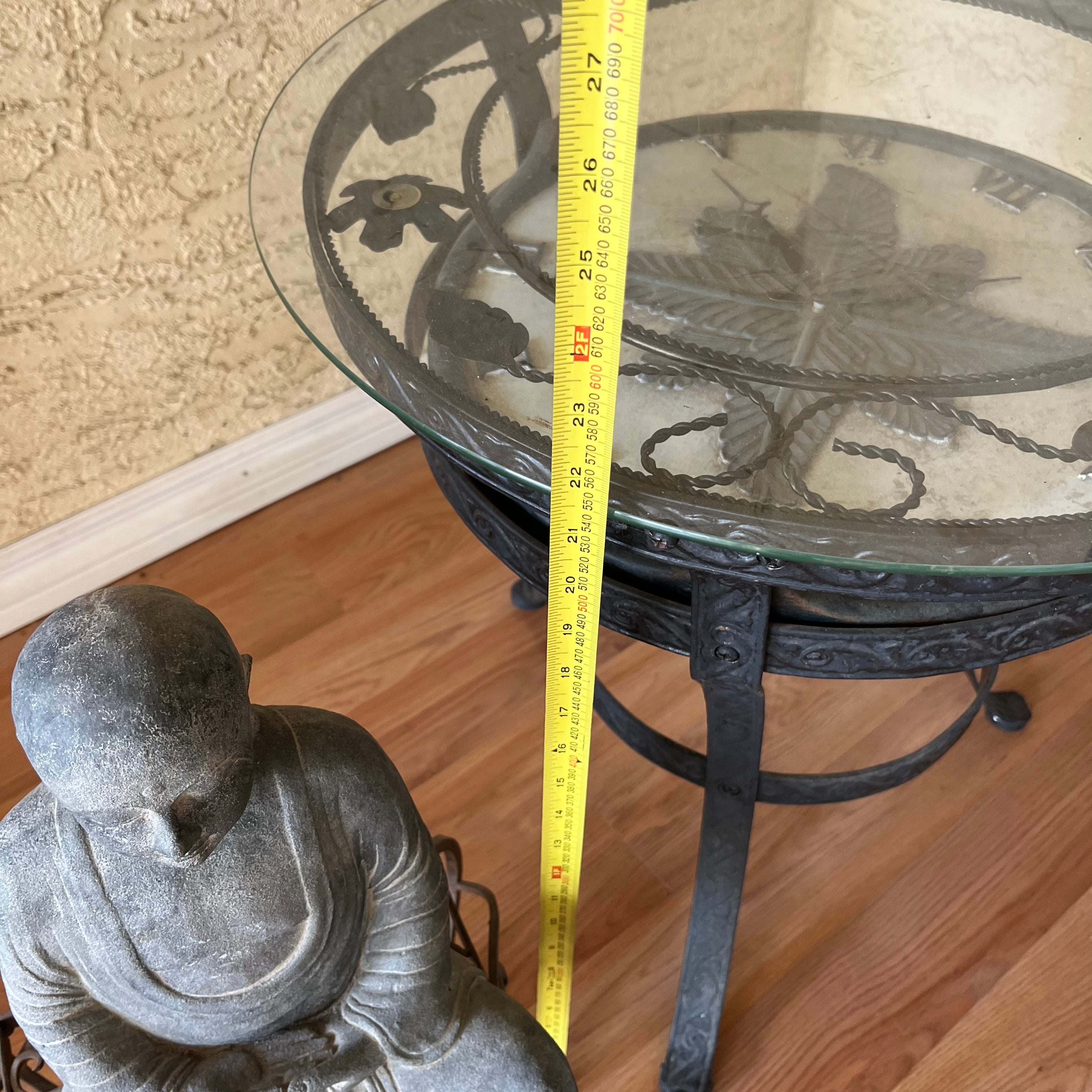 F502 Home Decor Grouping (metal end table with clock(not working) and stone Buddha with metal stand)