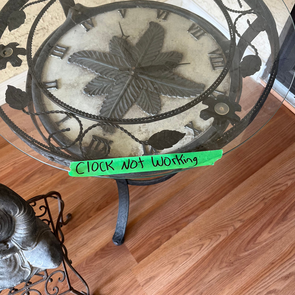 F502 Home Decor Grouping (metal end table with clock(not working) and stone Buddha with metal stand)