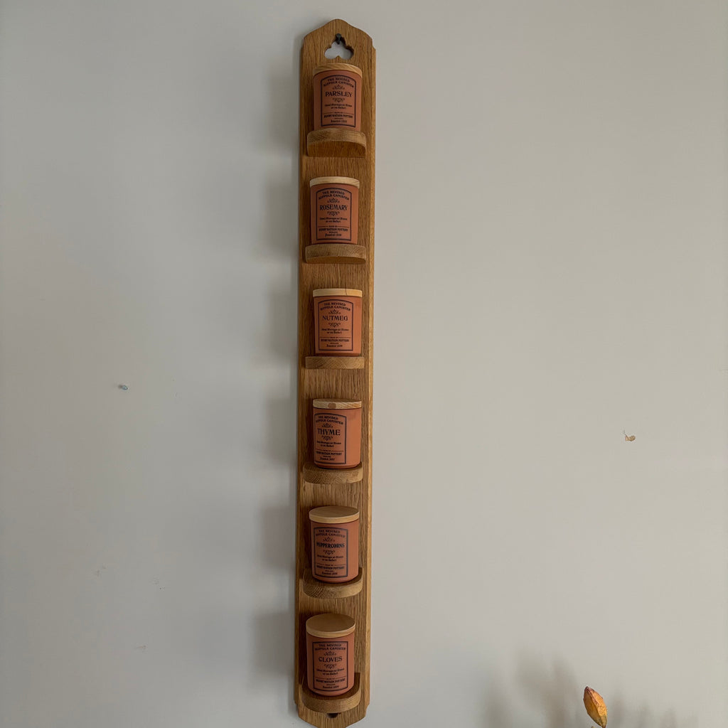E765 35” tall Hanging wooden spice rack with terracotta canisters
