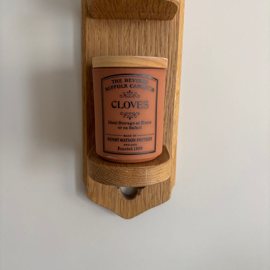 E765 35” tall Hanging wooden spice rack with terracotta canisters