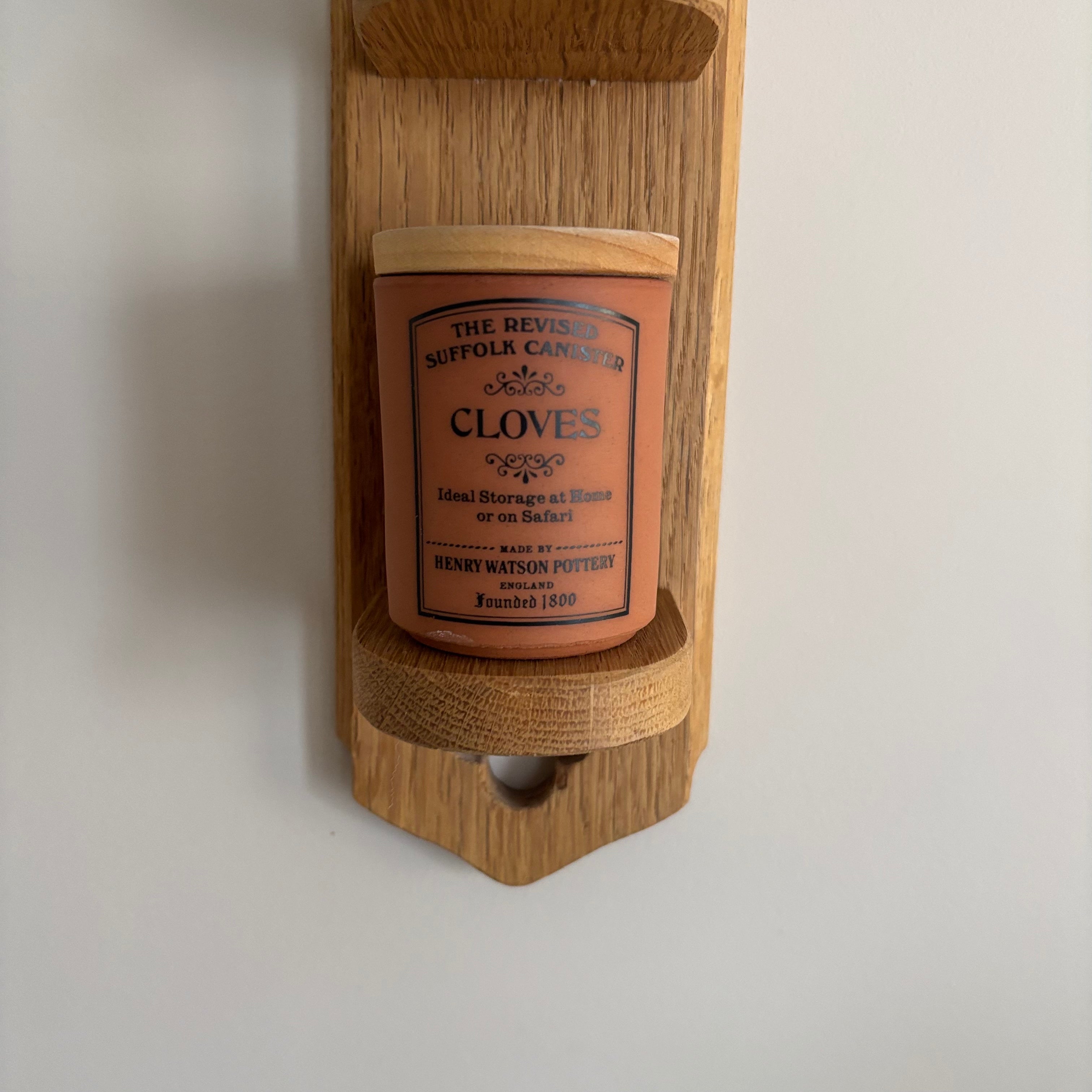 E765 35” tall Hanging wooden spice rack with terracotta canisters