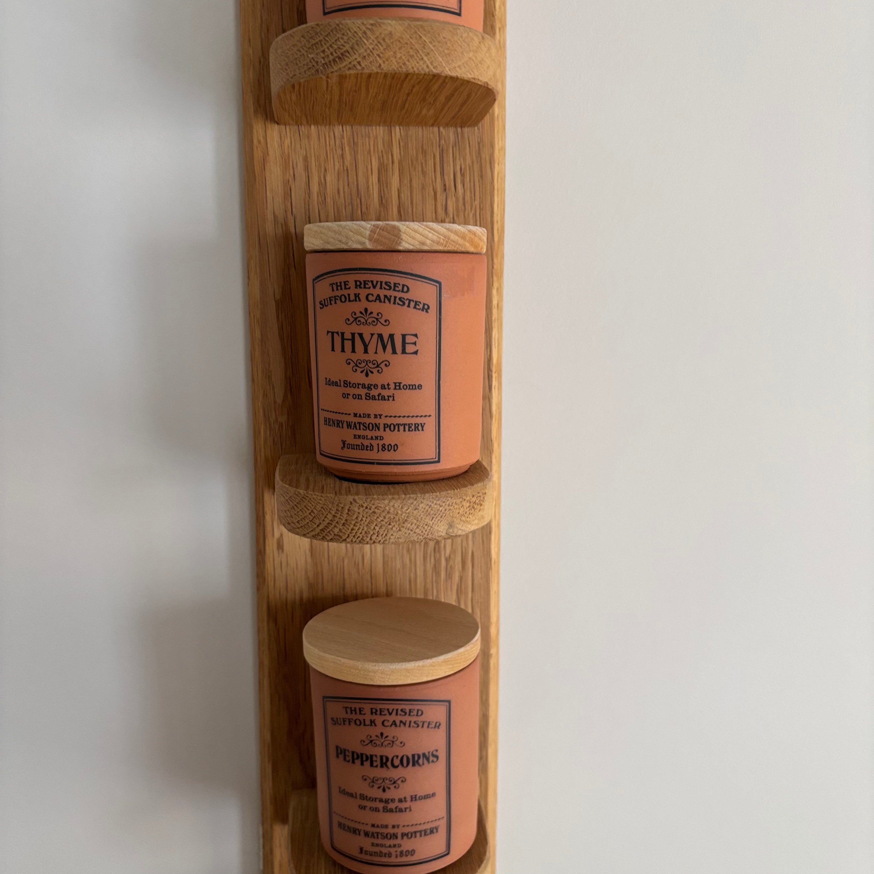 E765 35” tall Hanging wooden spice rack with terracotta canisters