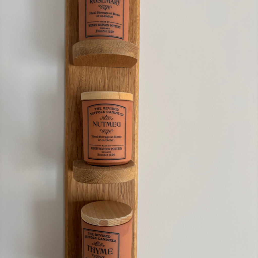 E765 35” tall Hanging wooden spice rack with terracotta canisters